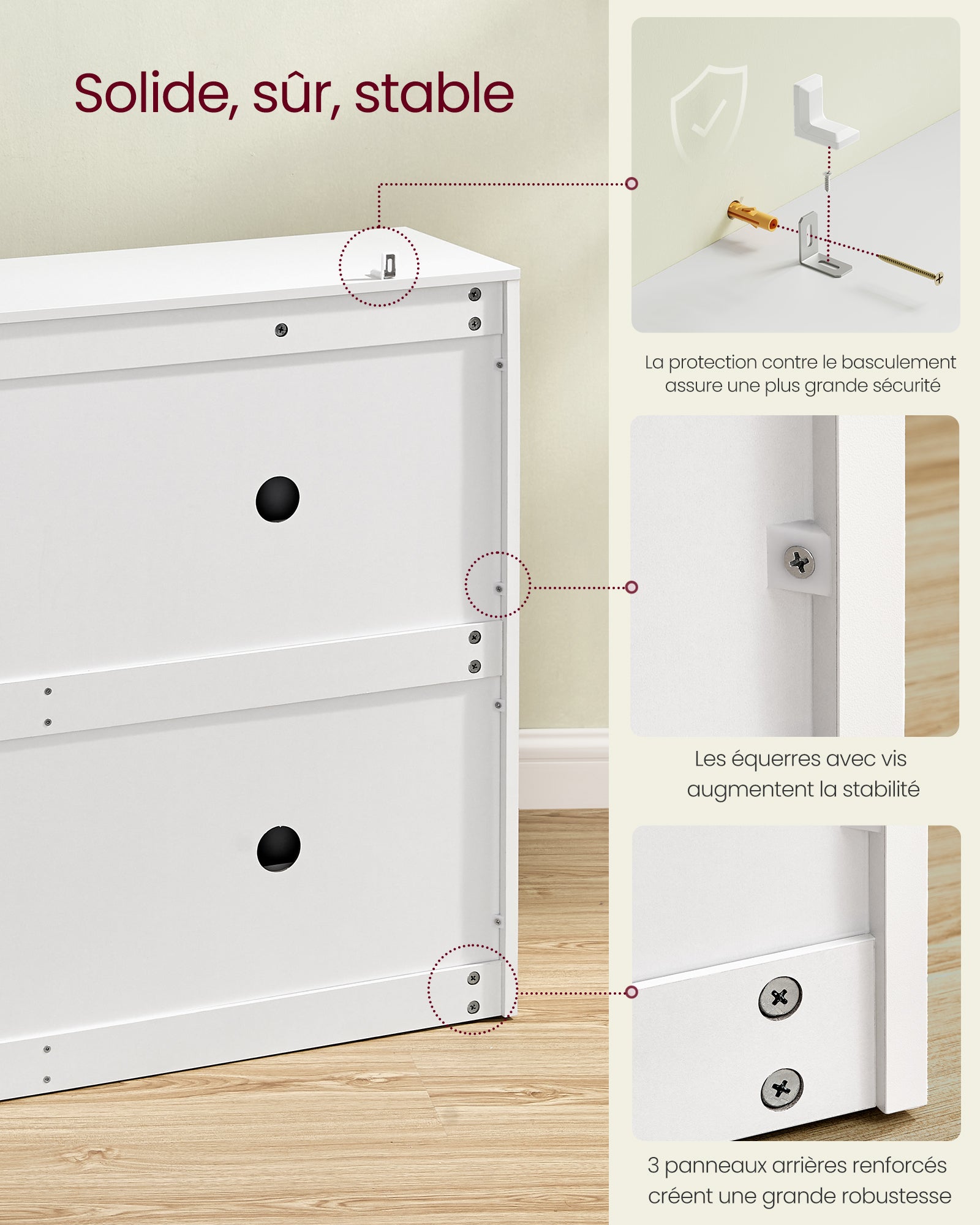Meuble à Chaussures 4 Portes Battantes, pour 16 à 28 Paires de Chaussures, pour Entrée, 24 x 105,5 x 82,7 cm, Blanc Neige - 6