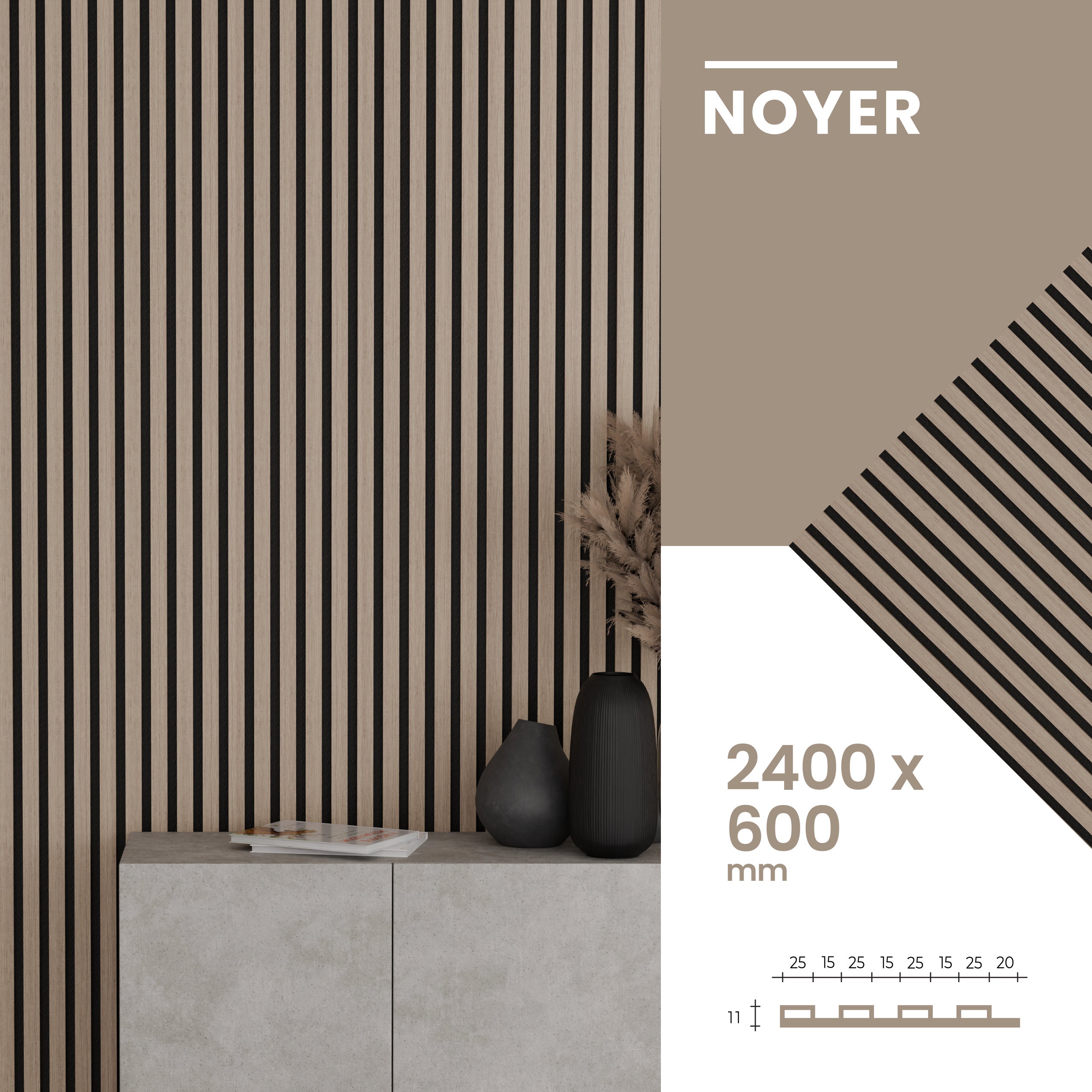 Lot 4 pièces - Panneau Acoustique - Noyer - Feutrine Noir - 240x60x1.1cm - 4