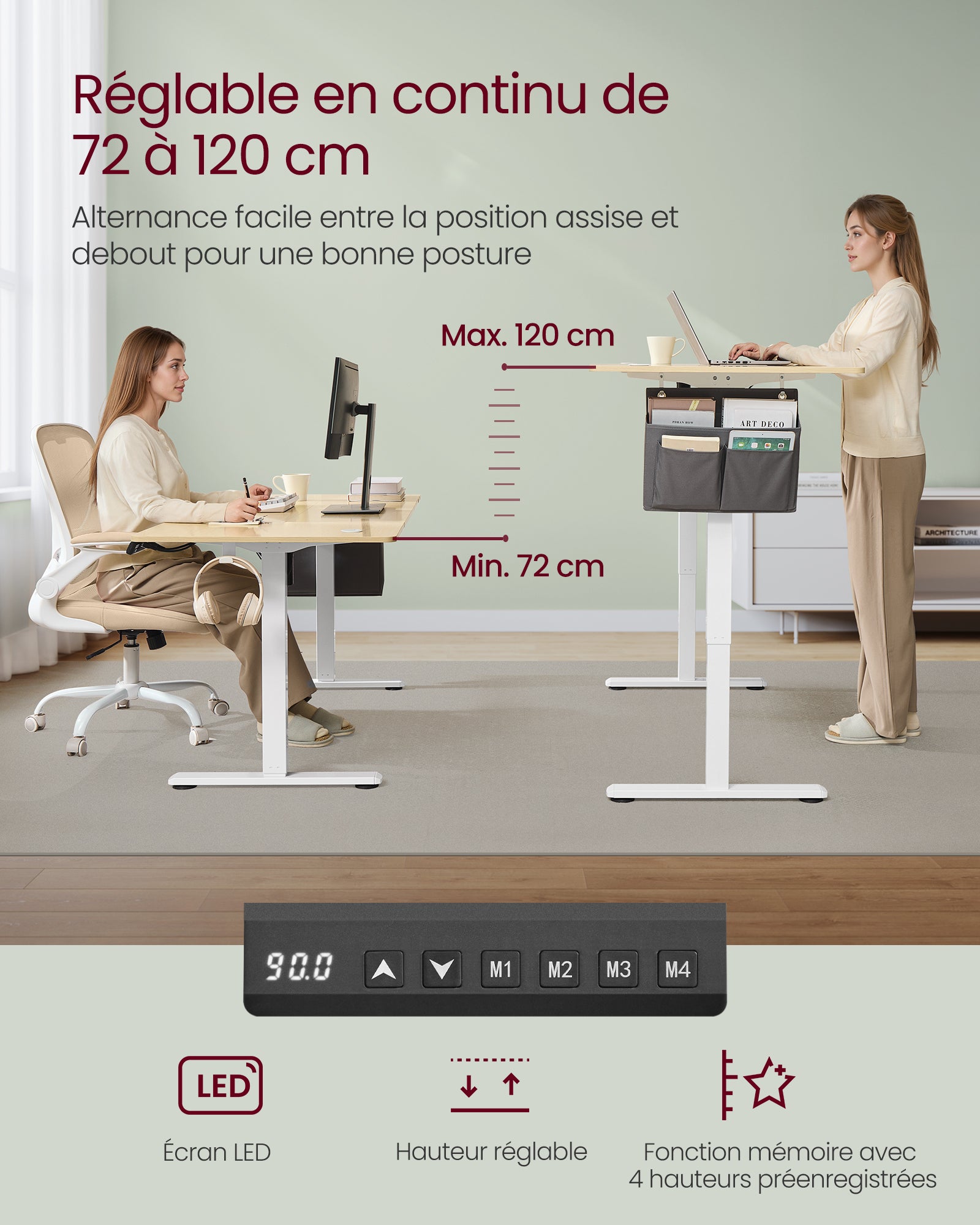 Bureau Électrique Réglable en Hauteur, 160 x 70 cm, Table Assis-debout, Fonction Mémoire 4 Hauteurs, pour Bureau, Télétravail, Doré Chêne - 4
