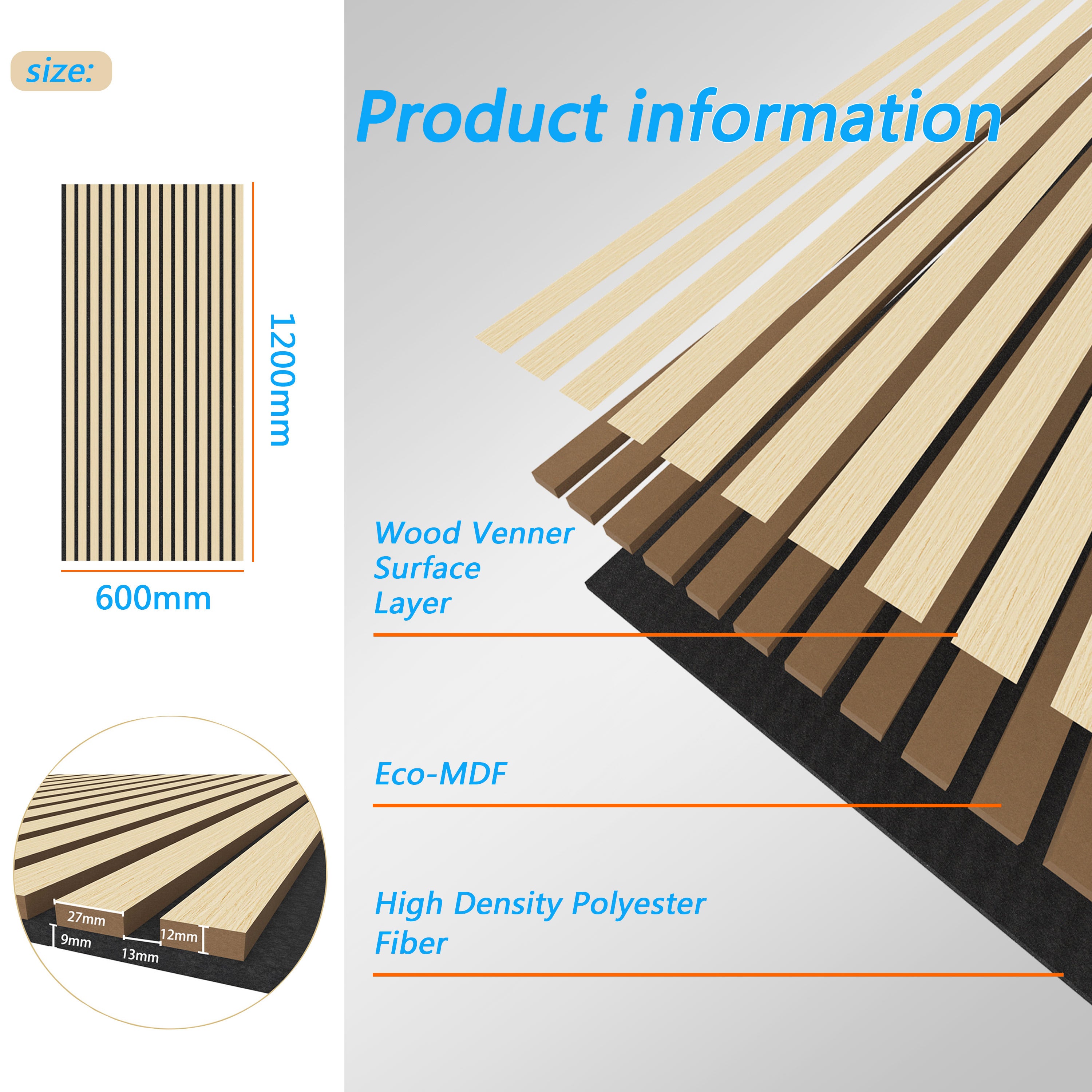 Lot de 2 panneaux muraux acoustiques décoratifs en bois MDF 120 x 60 cm, couleur chêne, excellente isolation acoustique, installation simple - 3
