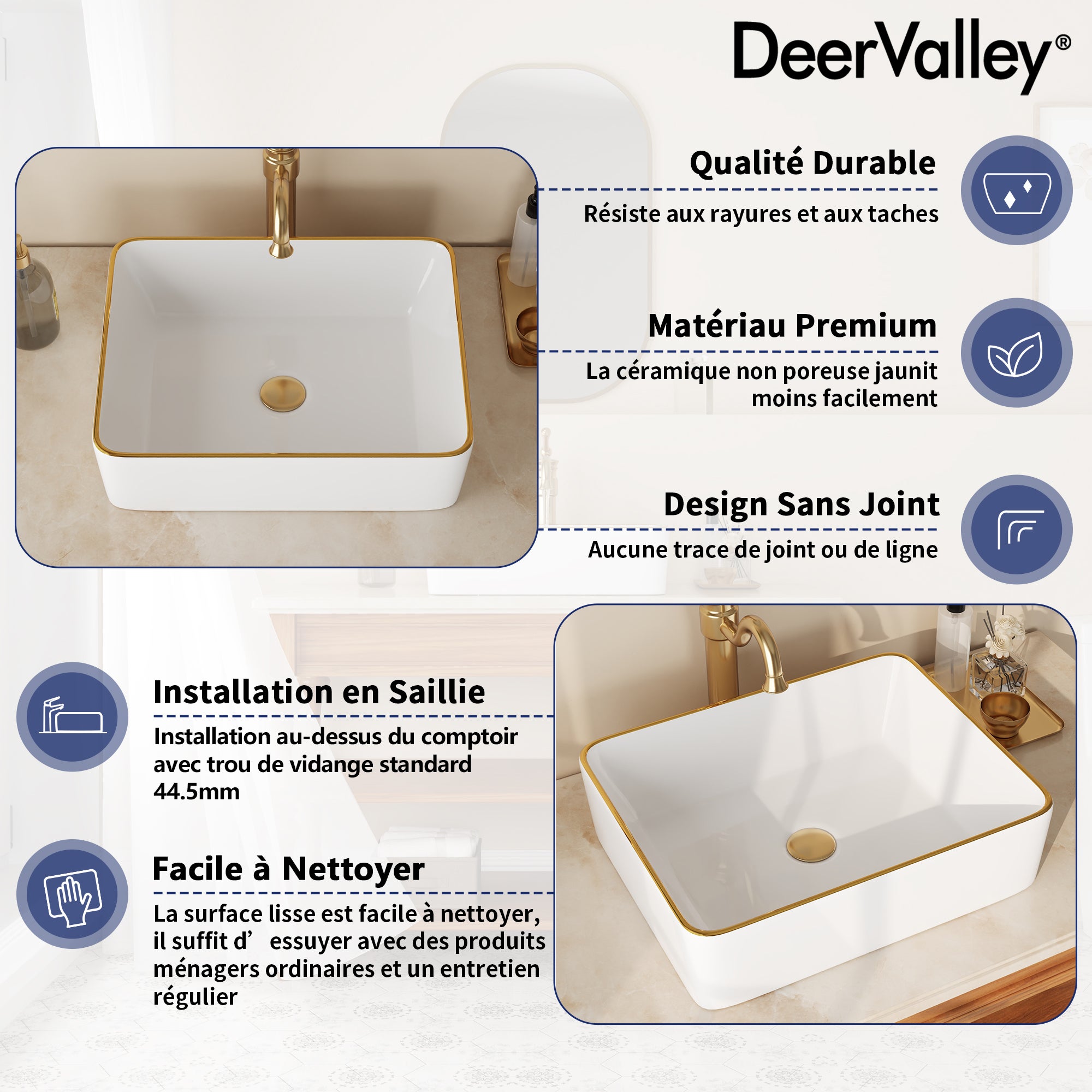Vasque à poser rectangulaire en céramique Blanc avec des bords dorés 48 x 37 x 14cm – Pour salle de bain – DeerValley - 3