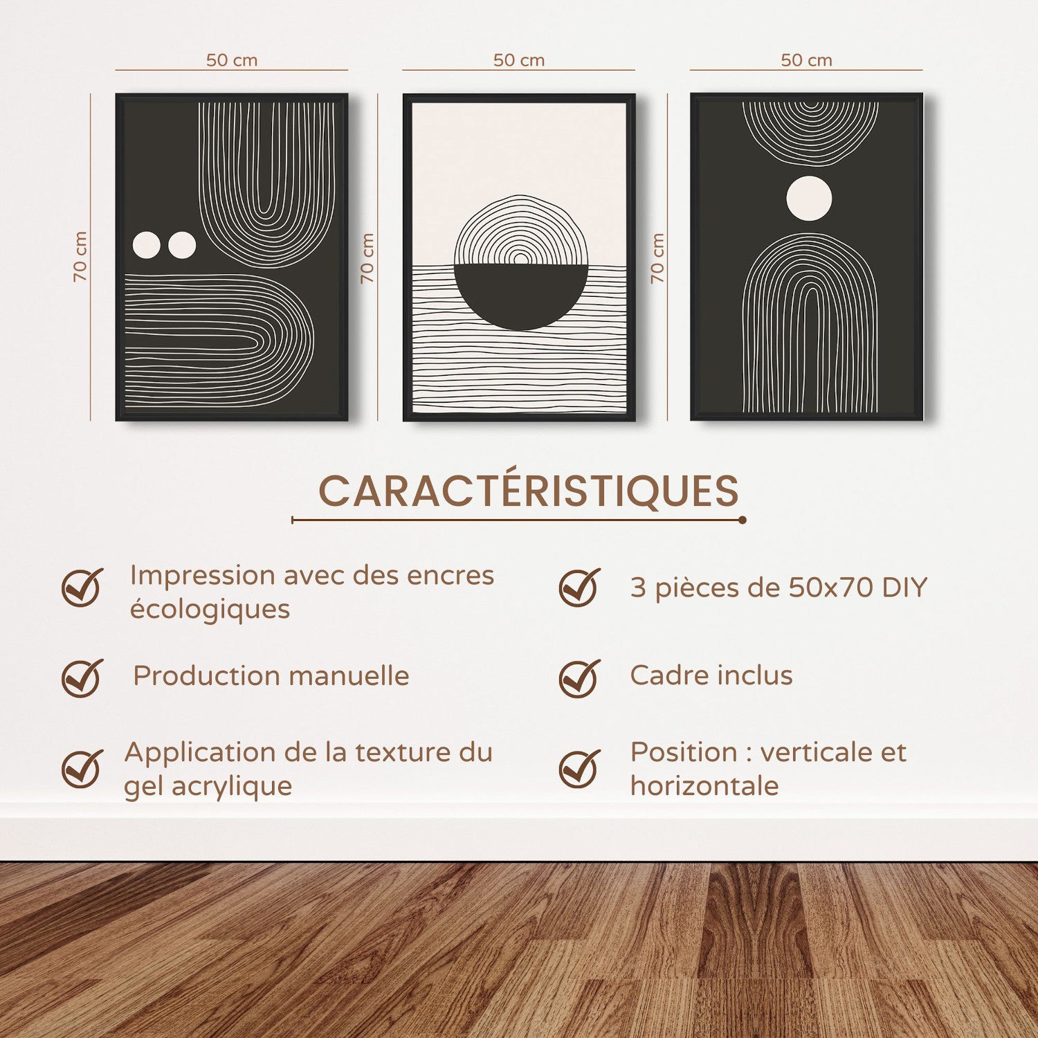 DekoArte - Tableau décoration murale salon NORDIC MINIMALIST ART 50x70 cm x3 pièces - Tableaux avec cadre noir inclus - 4