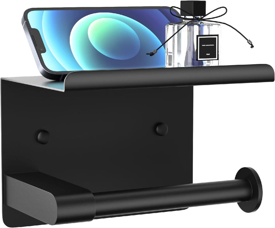 Matowy czarny uchwyt na papier toaletowy z półkami, samoprzylepny uchwyt ścienny ze stali nierdzewnej, odpowiedni do dużych rolek