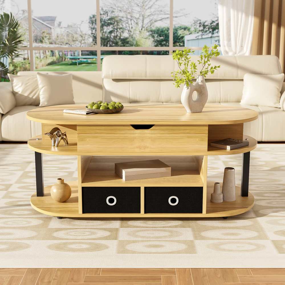 Table Basse Moderne Veines de Bois : avec Fonction Relevable, Espace de Rangement & Tiroirs en Tissu Noir, Polyvalente pour Salon & Bureau - 3