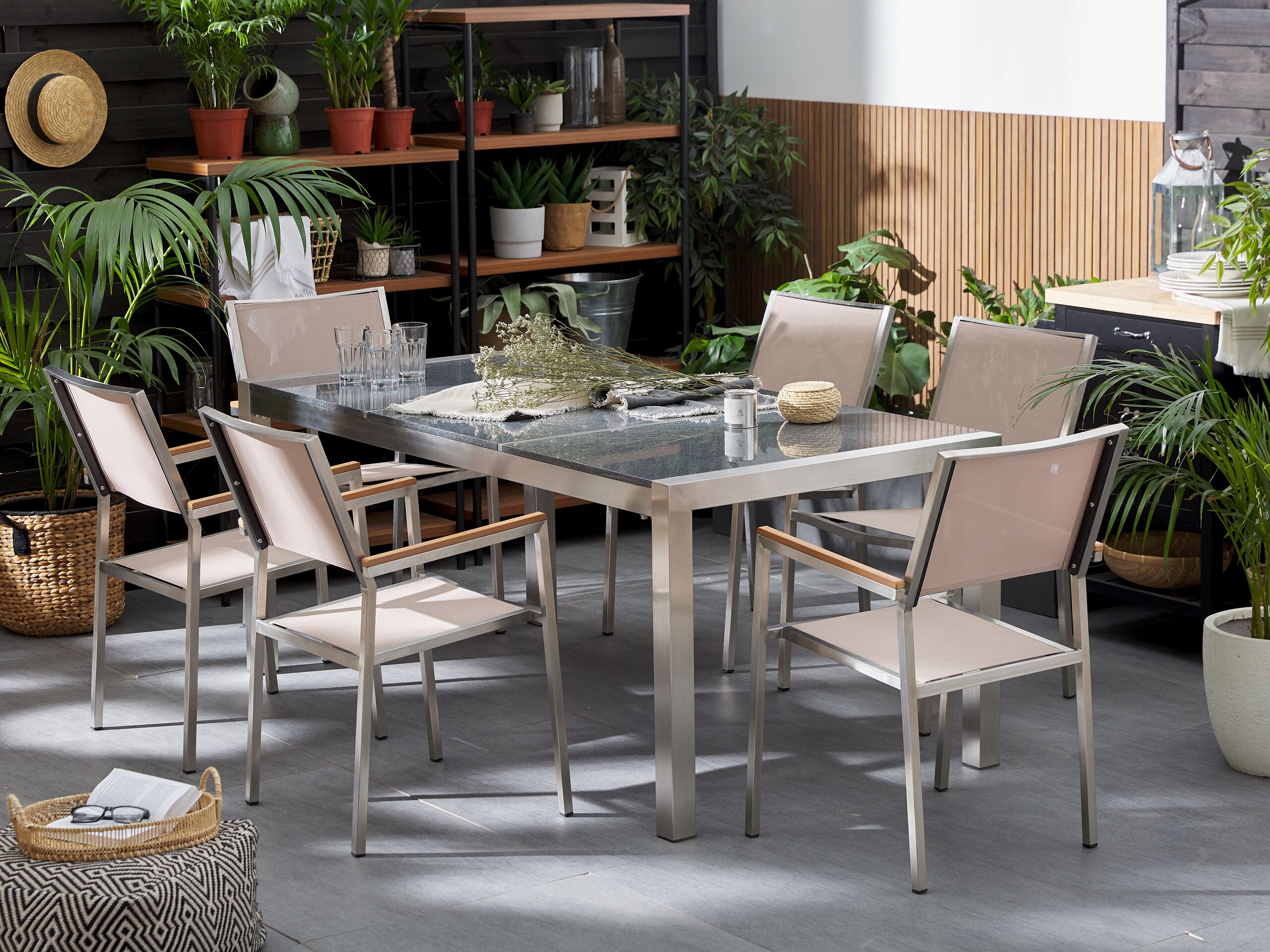 Set dining pentru grădină cu 6 locuri GROSSETO Gri/Bej Granit blat triplu stratificat lustruit