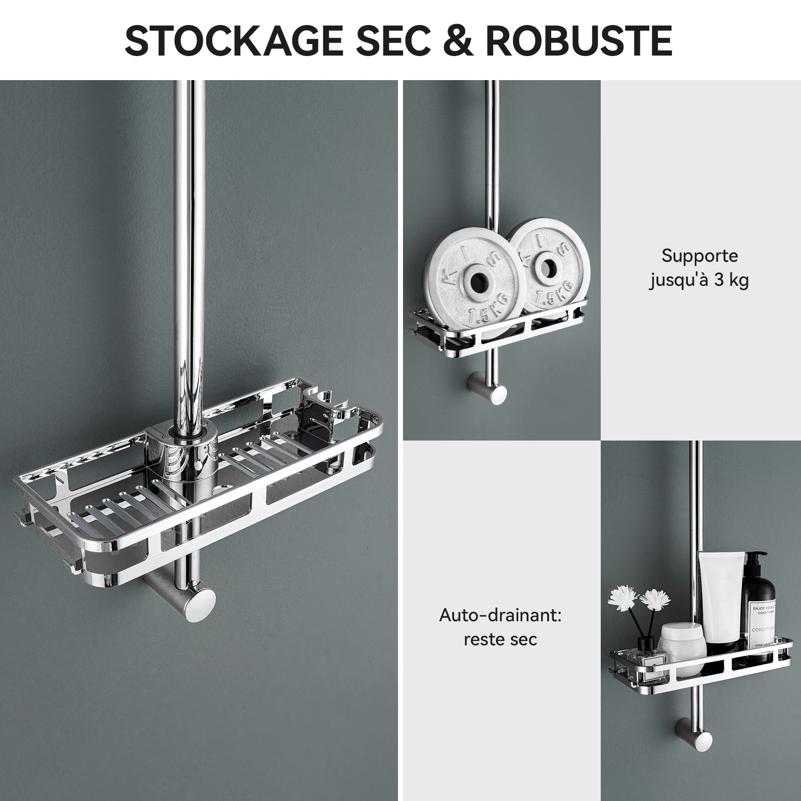 Barre de Douche en inox 70 cm avec Support de Pommeau de Douche /étagère de douche,fixations murales réglables,avec support de douchette,chromé - 6