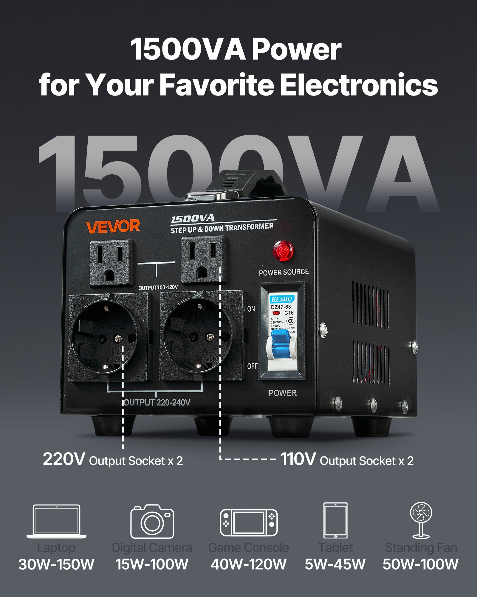 Transformador VEVOR 220V para 110V e 110V para 220V 1500VA com fichas EUA e UE, cabo de alimentação, proteção de disjuntor - 4