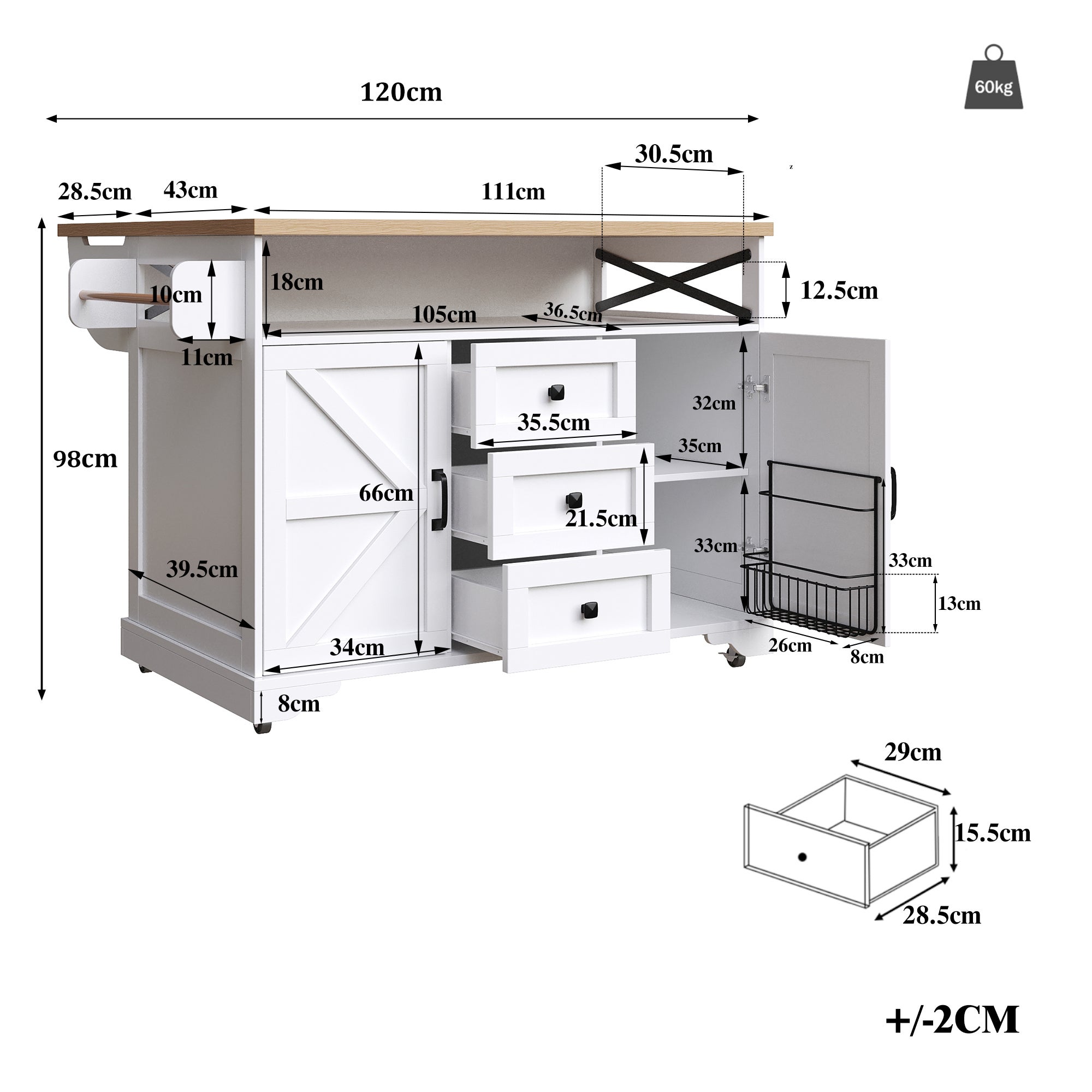 Ilot central de cuisine avec Table Rabattable - 120x43-71x98 cm, Buffet d'Îlot avec LED et Rangements,Buffet de cuisine avec Porte-Snacks et 3 Tiroirs - 9