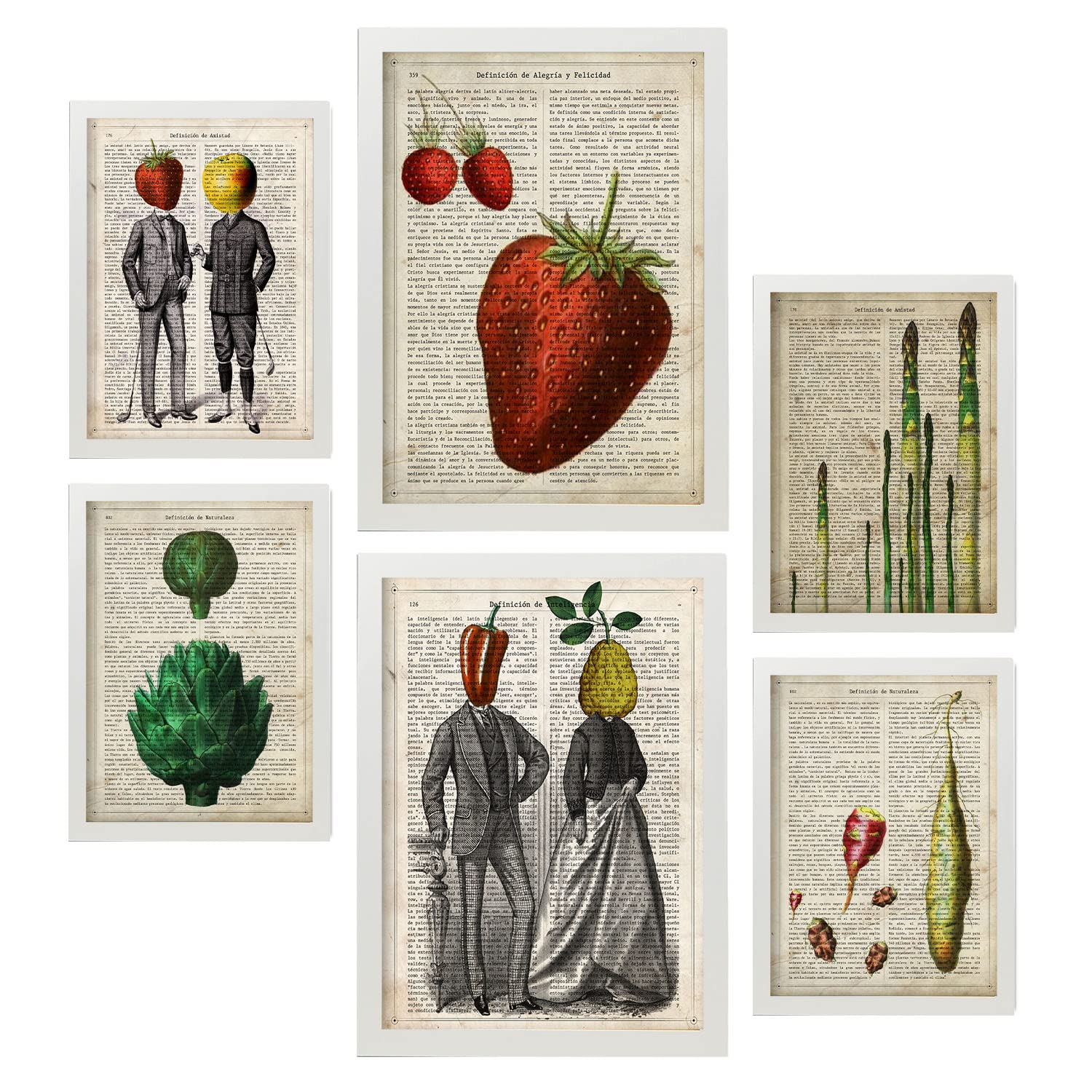 Nacnic posters de cocina ilustraciones estilo enciclopedia vintage con frutas y verduras estilo de vida saludable para la a4 & a3 marcos blanco