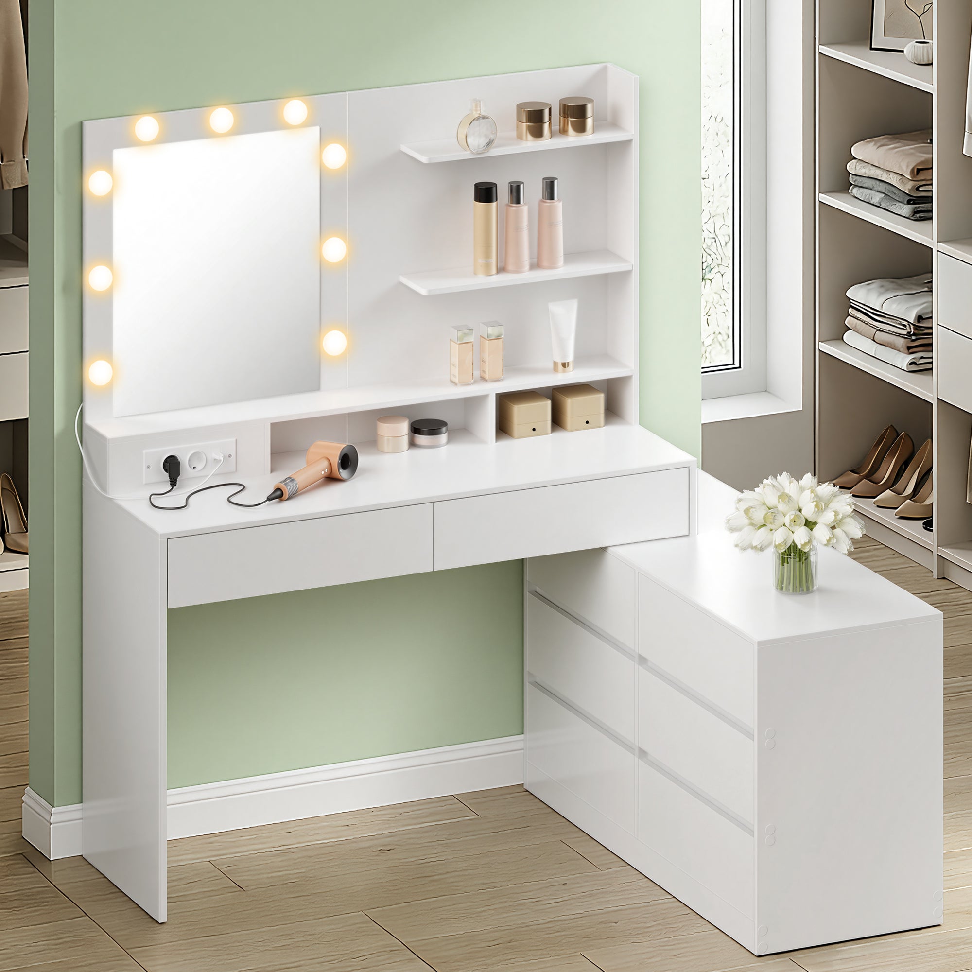 Table de Maquillage Modulable, en Ligne ou en L, Miroir LED 9 Ampoules, avec Multiprise, 8 Tiroirs, Blanc - 3