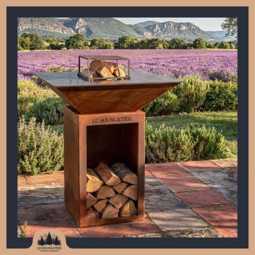Lou Bouscarian carré 74x74x90cm - Brasero plancha en acier corten avec Rangement bûches - Grille de cuisson, stop food et kit d'allumage offerts - 8