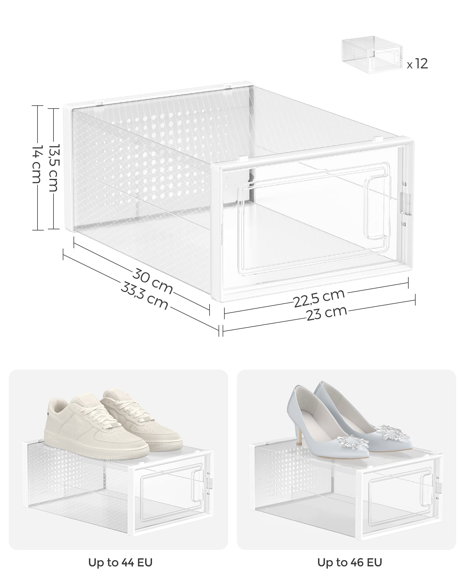 Boîtes à Chaussures, Lot de 18, Rangement Chaussures, Pliable, pour Pointure jusqu’à 44, Transparent et Blanc - 8