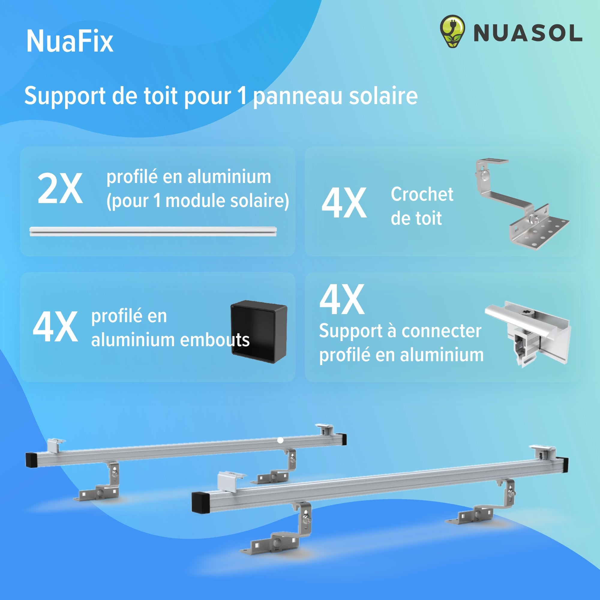NUASOL Kit de montage photovoltaïque PV pour toit de tuile, crochets de toit, avec profilé solaire en aluminium, embouts de 35 mm - 4