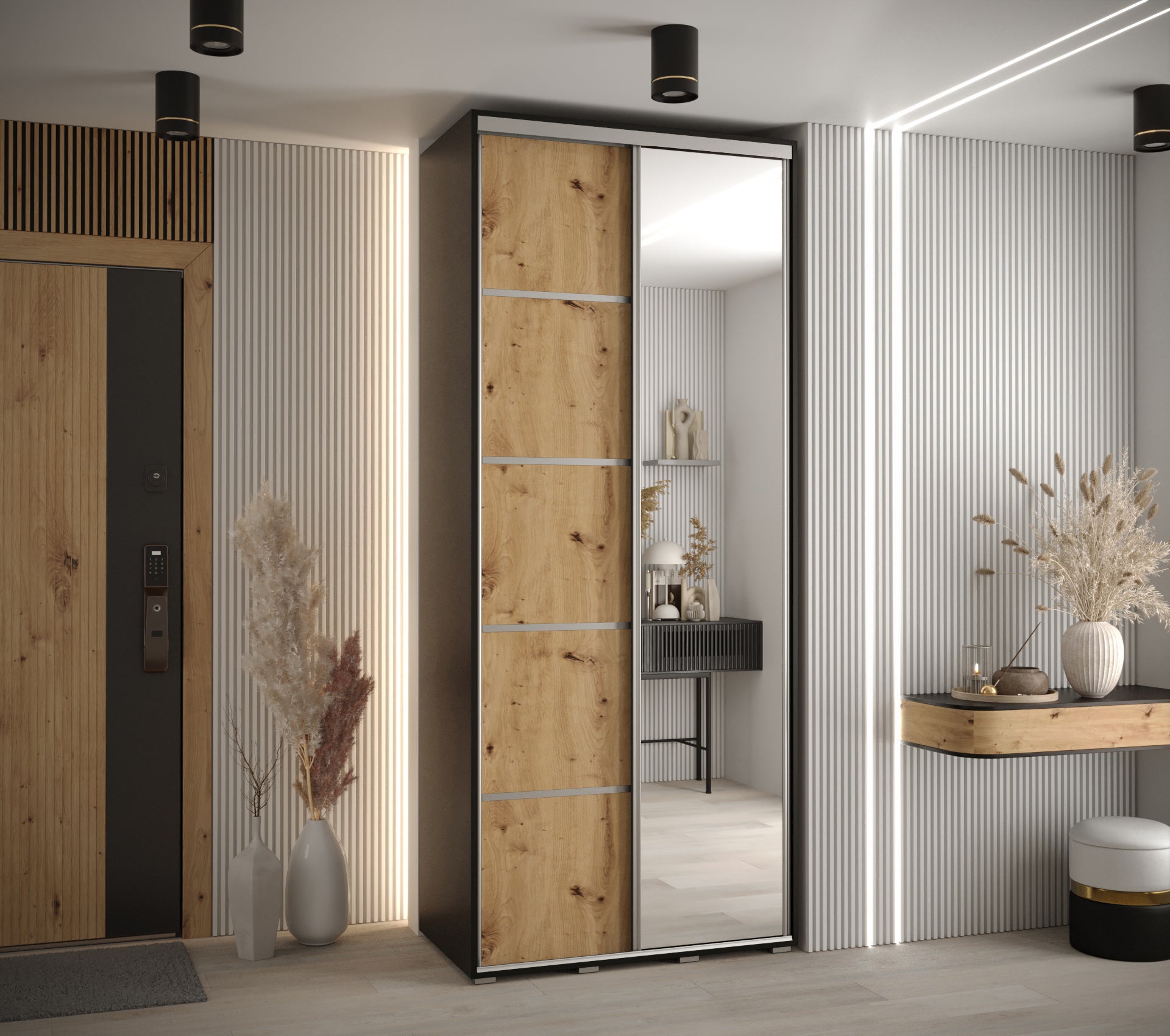 Szafa przesuwna z lustrem wysoka Davos 5 100 x 45 x 235,2 cm czarny + artisan + u. srebrny - Abiks Meble