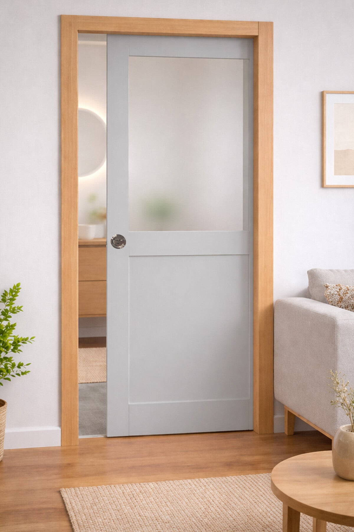 Puerta corredera athena gris claro con panel de vidrio h204 x l83 cm, empotrada, kit de acabado gd menuiseries sin manilla