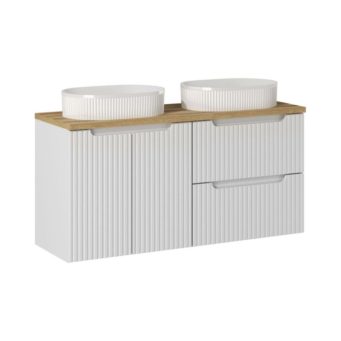 Conjunto vano blanco 120cm: muebles bajo lavabo con cajones y armarios + encimera para lavabo + dos lavabos de sobreponer ranurados