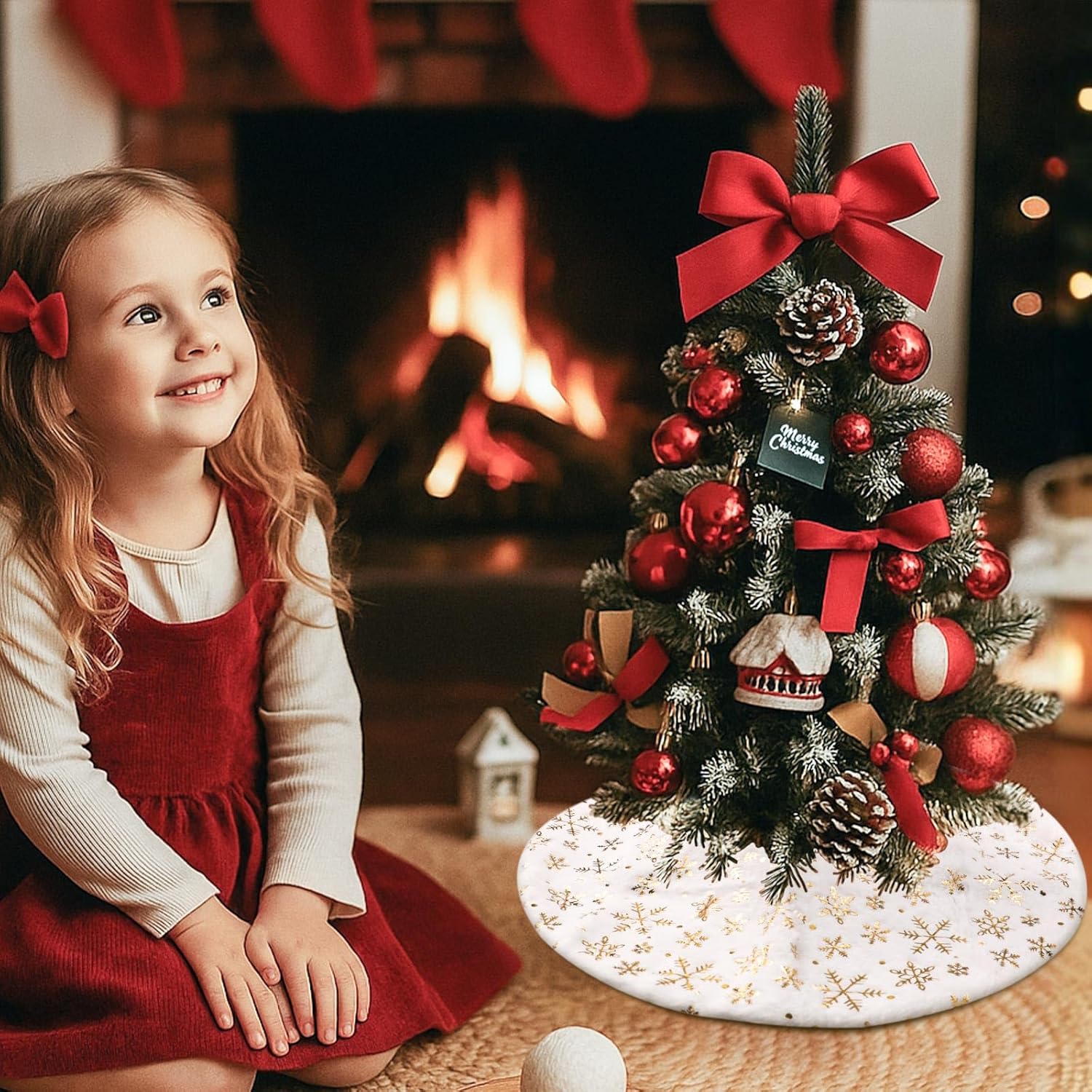 Saia para árvore de Natal, base para árvore de Natal, tapete para árvore de Natal, lantejoulas douradas em forma de floco de neve (branco, 78 cm) - 4