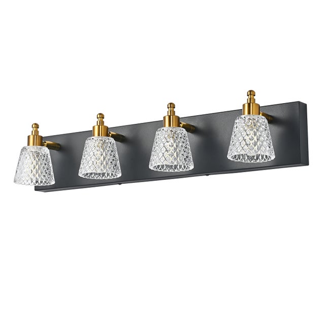 Nowoczesna lampa ścienna do lustra łazienkowego z 4 światłami, metalowa kinkiet ze szkłem wzorzystym, żarówki G9 do lustra toaletkowego