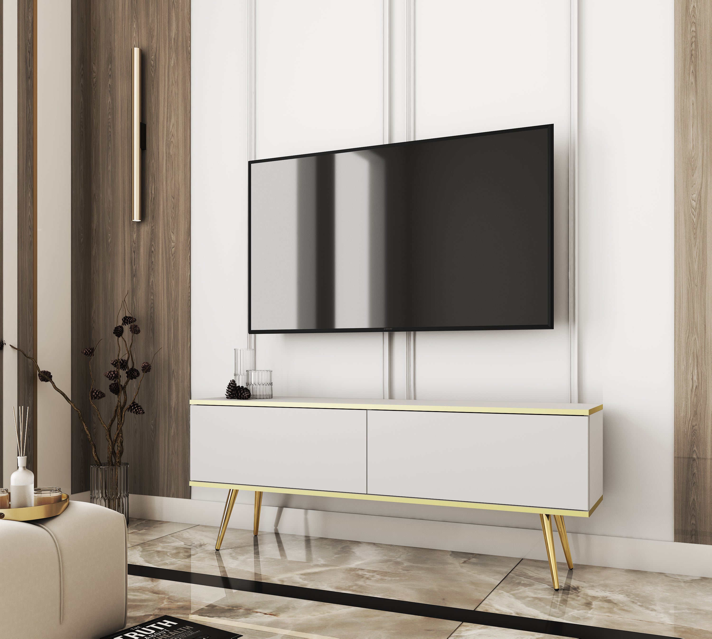 Szafka RTV, biała, złote nogi, 135 x 30 x 32 cm, otwierana na naciśnięcie - 2