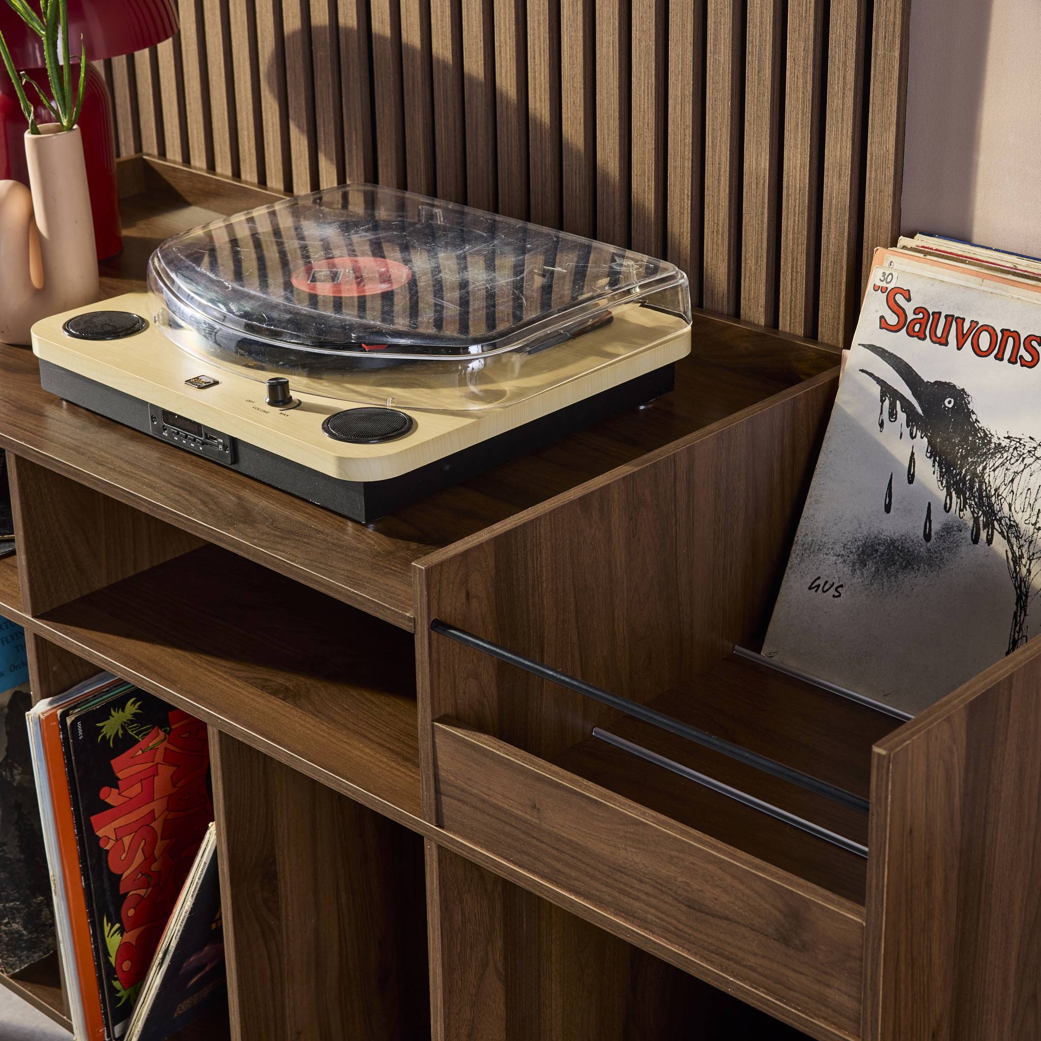 Mueble de vinilos XL vintage efecto madera oscura, 130cm, Nepal, Madera oscura, 130x50x80 cm - 4