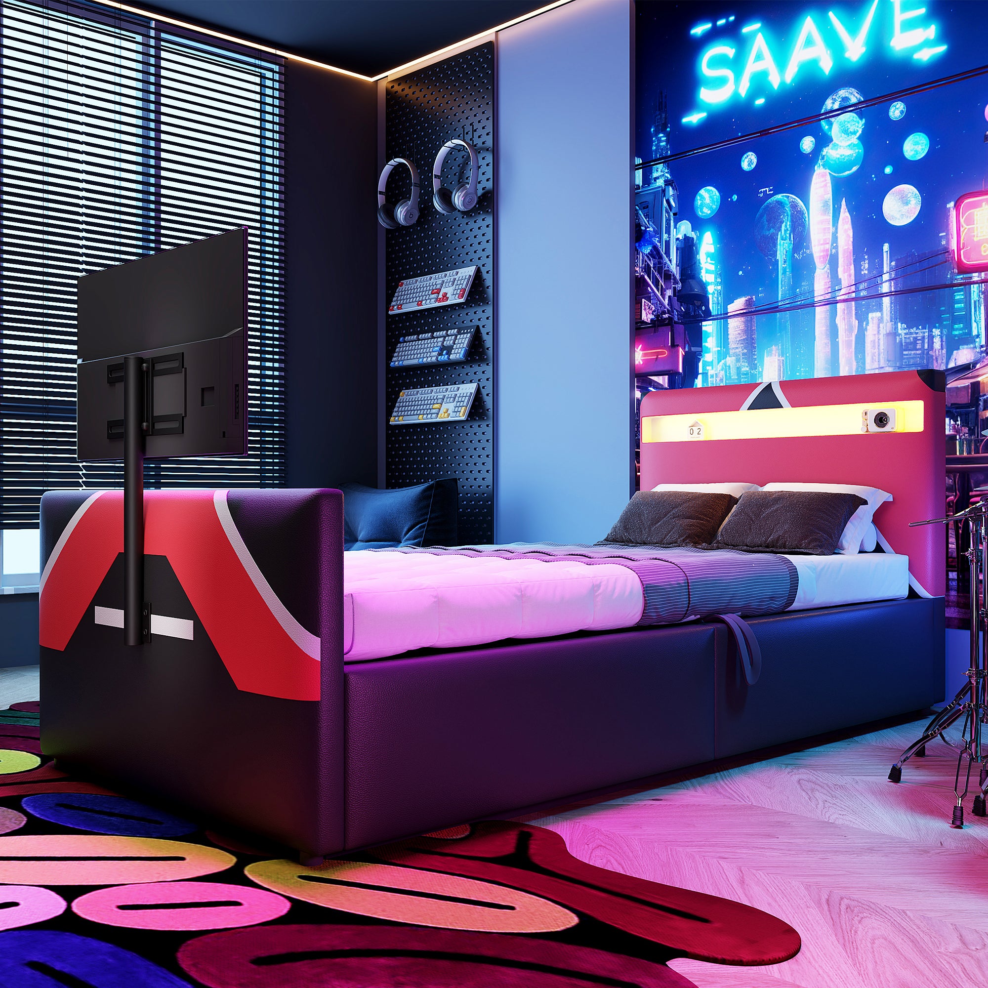 Łóżko dziecięce z pojemnikiem 90 x 200 cm ze stojakiem pod TV i diodami LED - Skóra ekologiczna - Czarny + różowy (Materac nie jest wliczony w cenę) - 3