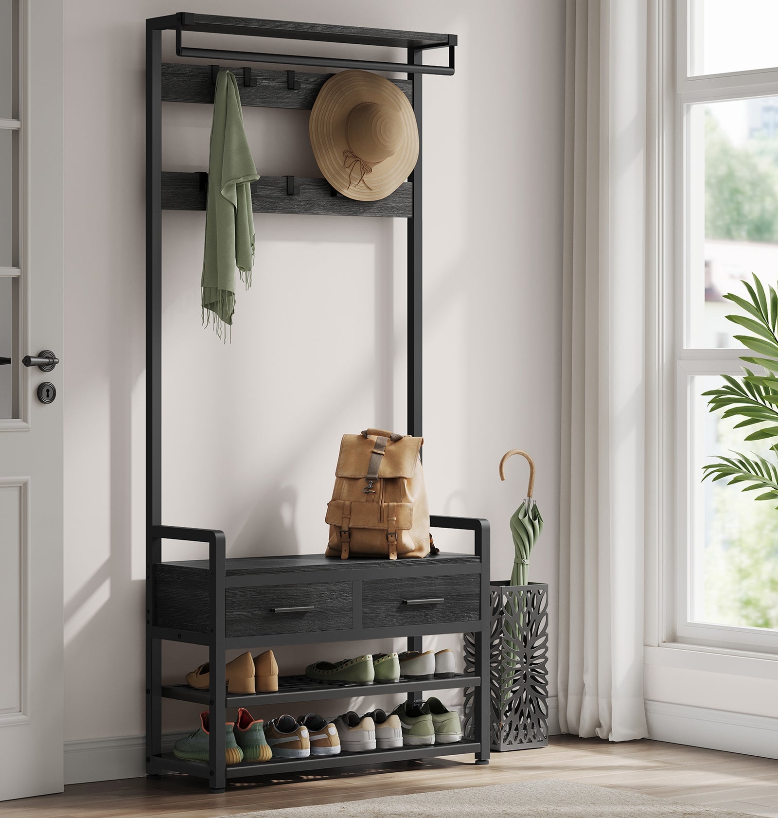 Perchero Recibidor, Mueble de Entrada con 10 Ganchos Extraíbles,