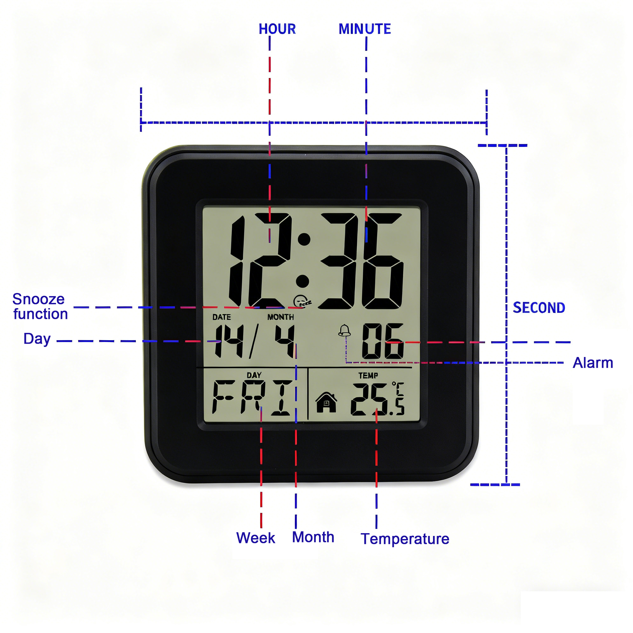 Set 2 orologi digitali radiocontrollati gialli con grande schermo LED, temperatura, data e snooze ideali per casa, ufficio e camere - 8