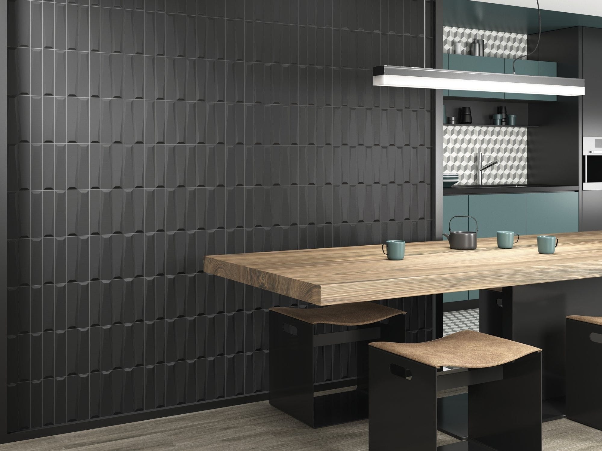 6m² Faïence Murale Relief Noir Mat THREE-D 5x20 cm Pyramid Night (0,6m² ...