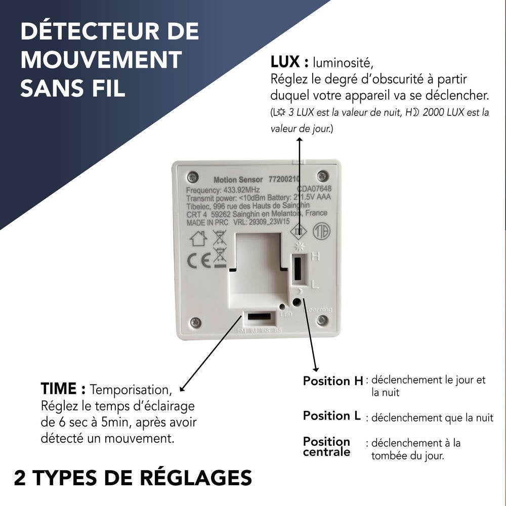 Détecteur de mouvement infrarouge sans fil va et vient, blanc, portée 8m. garantie 3 ans - Tibelec - 6