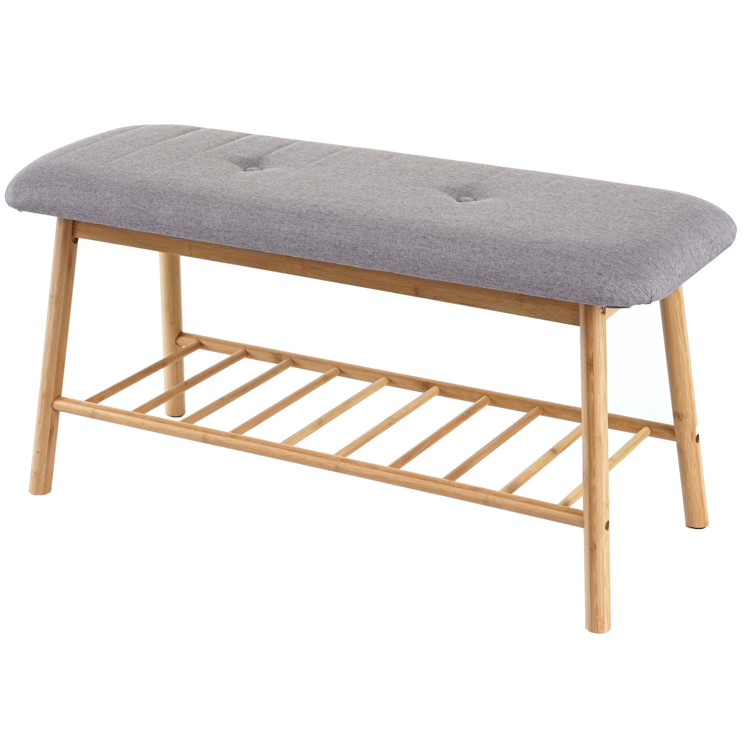 Ławka z półką na buty HWC-D90, ławka tapicerowana z półką na buty, bambus 44x90x34cm