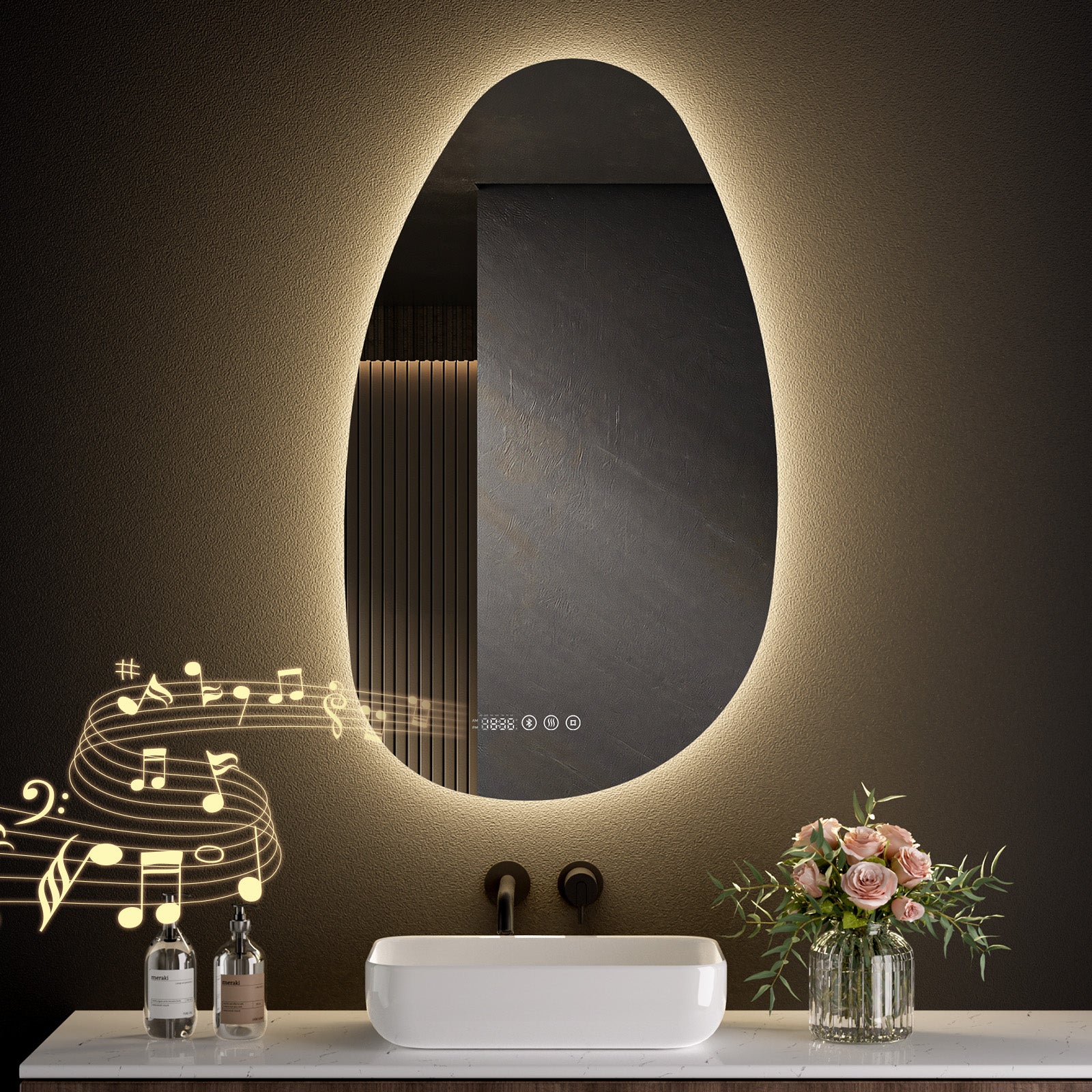 Lustro łazienkowe LED asymetryczne 50 × 85 cm – 3 kolory światła, przeciwmgielne, Bluetooth, zegar - S'AFIELINA