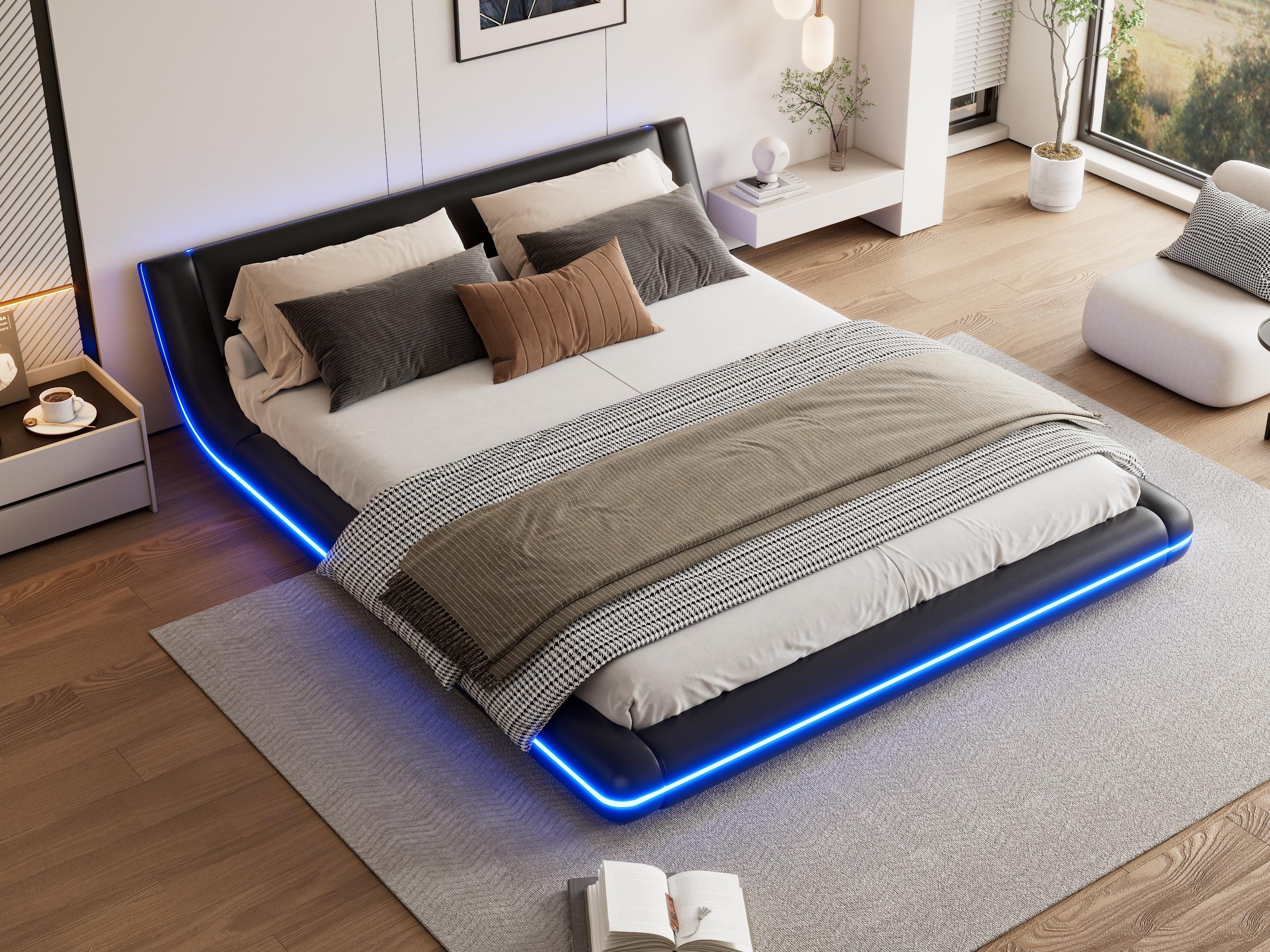 Łóżko dla dorosłych 160x200cm z LED - Skóra PU - Czarny