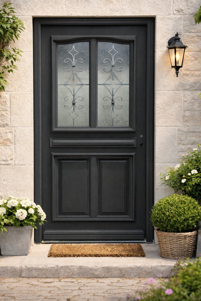 Porte D'entrée Bois Vitrée Mathilde Gris Anthr, H215 X L90 Cm Côte Tableau P. Gauche Gd Menuiseries