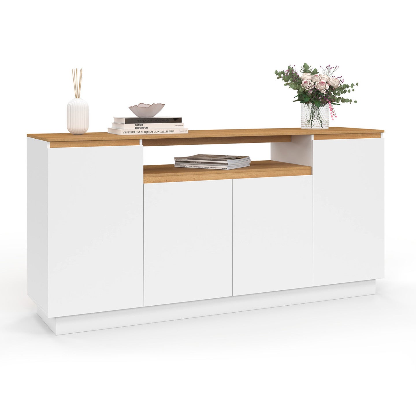 Buffet 160 cm SERENA 4 portes avec niche centrale blanc et plateau effet bois - 2