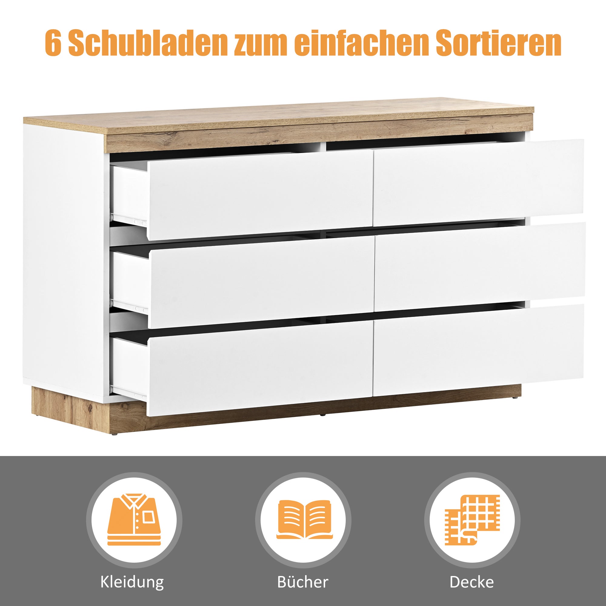 Armadietto con 6 cassetti e funzione di contenitore per camera da letto e soggiorno E1 pannello di particelle bianco + rovere - 6