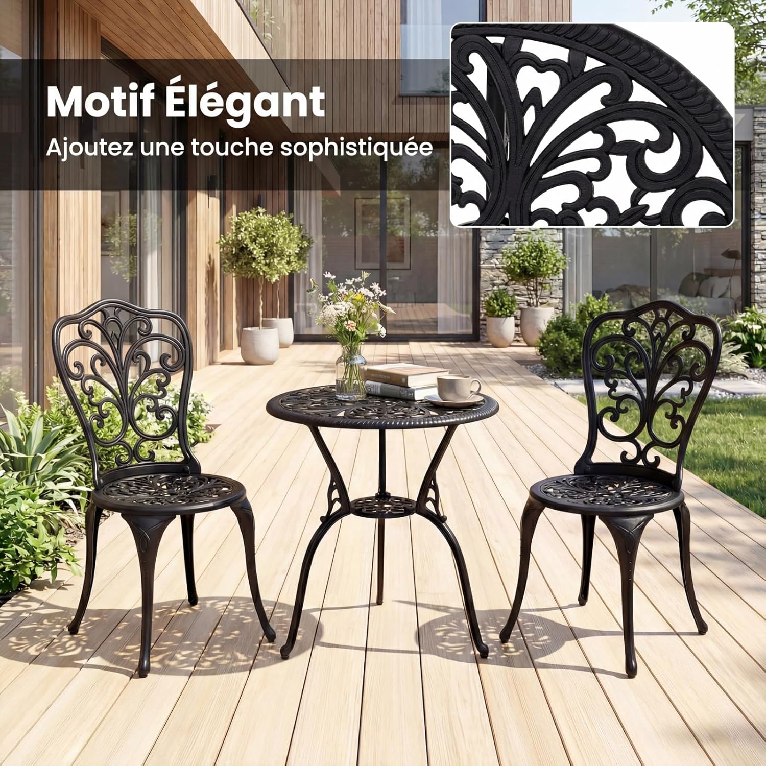 GIANTEX Sala Jardim 3Pcs em Alumínio Fundido, Conjunto Bistrô 2 Cadeiras e 1 Mesa Redonda,com Furo Guarda-sol, para Varanda Terraço Jardim, Preto - 5