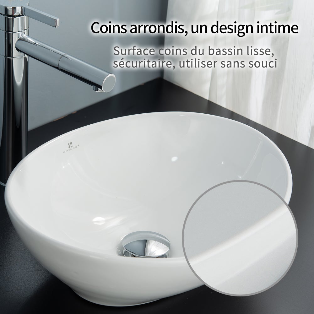Vasque à Poser Salle de Bain Ovale 41x34 cm en Céramique Blanche, Évier Lavabo Salle de Bain avec Bonde et Siphon - 3