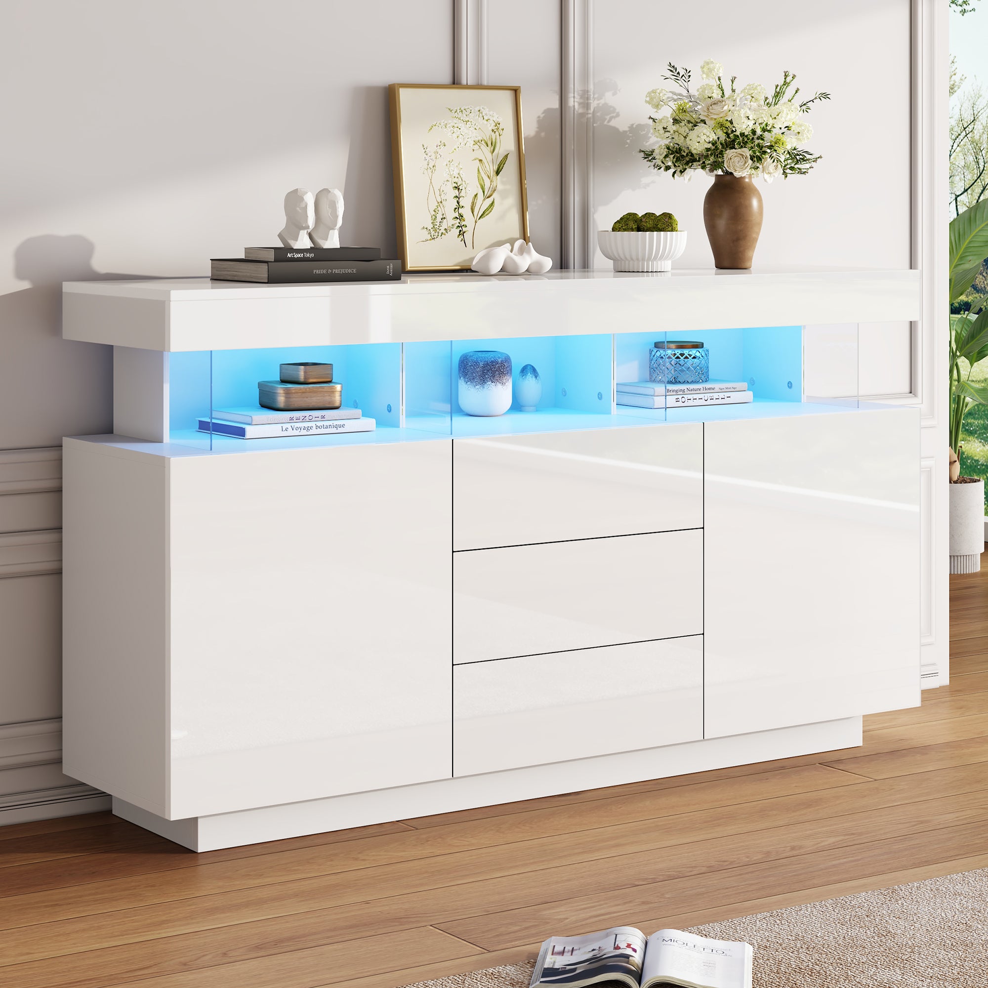 Credenza bassa moderna con 2 ante e 3 cassetti - 140 x 35 x 80 cm - LED - Pannello truciolare e acrilico - Bianco lucido - 6