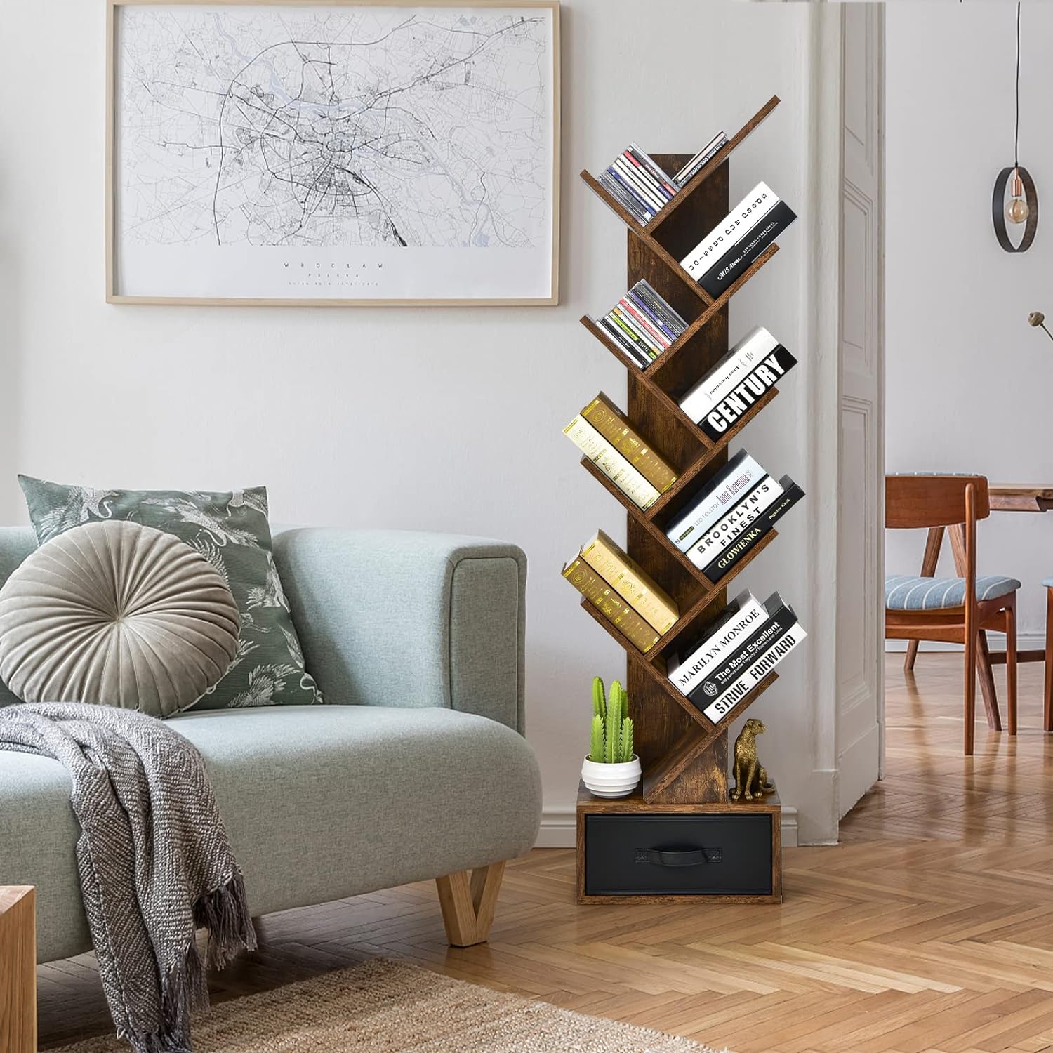 Libreria ad Albero a 10 Ripiani, Cassetto con Maniglia, Scaffale Espositore Stretto e Multiuso, Organizer per Libri, CD e Ornamenti, Arredo per - 9