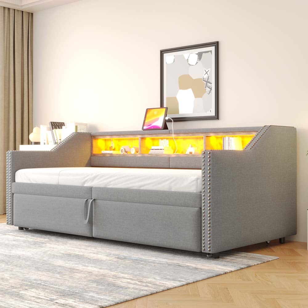 Rozkładane łóżko składane 90/180 x 200 cm, schowek, oświetlenie LED i gniazdo USB,Jasnoszary