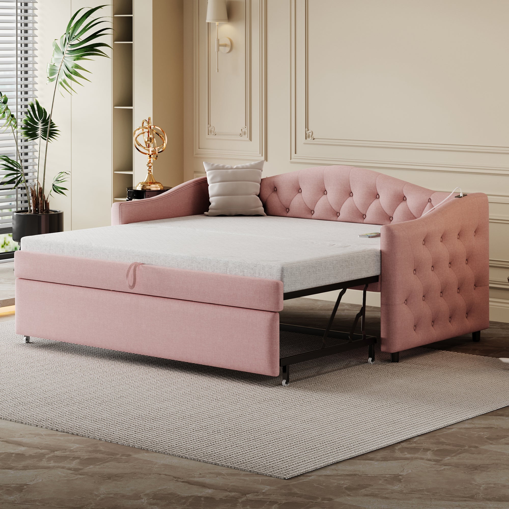 Łóżko wysuwane 90 x 200 cm z portami USB, sofa rozkładana - tkanina lniana - stelaż z listew - różowy (bez materaca)