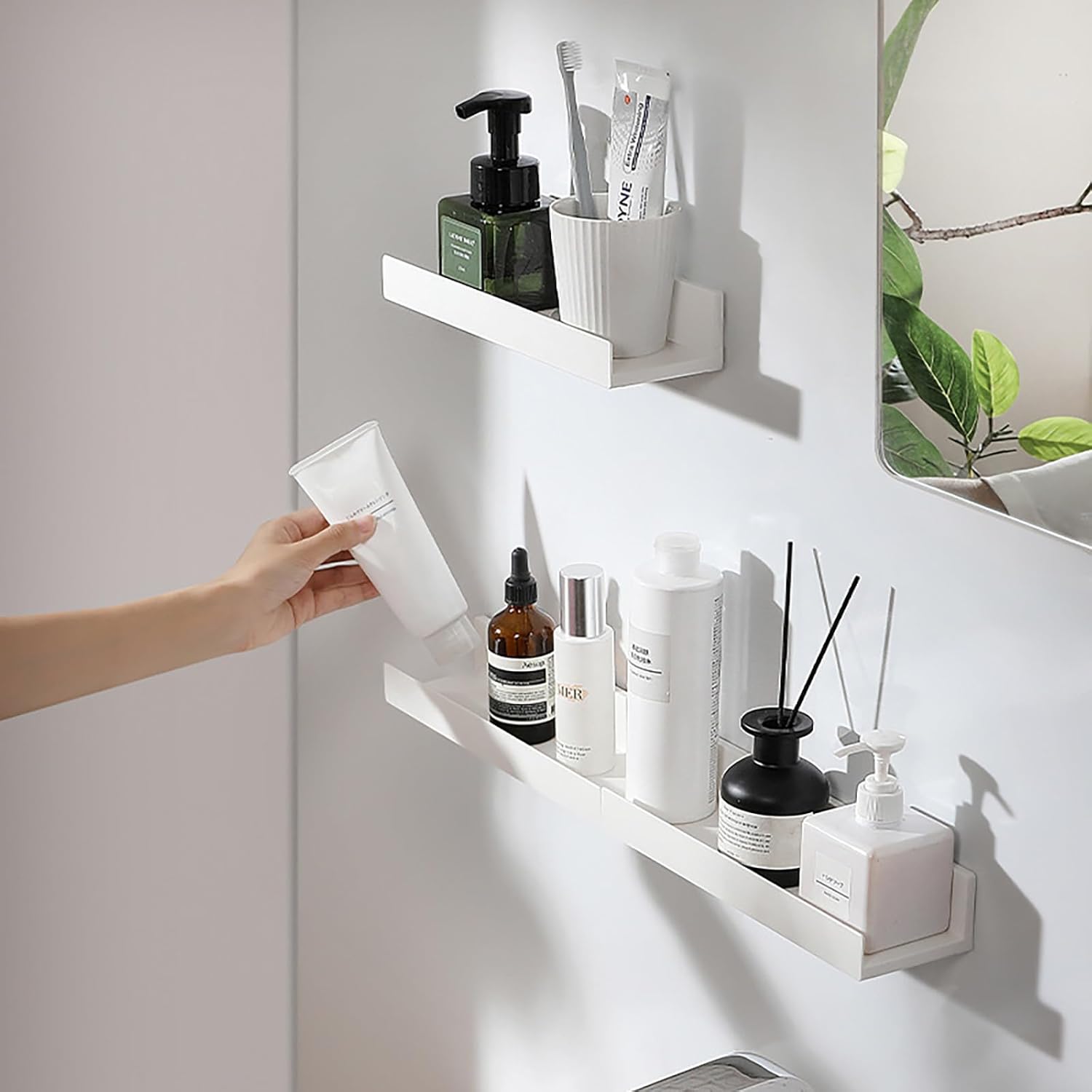 Etagere Murale Blanches, Lot de 2 Étagères Auto-adhésives, Etagere Murale sans Percage,Étagère Murale pour Salle de Bain, Cuisine, Salon, Chambre et - 3