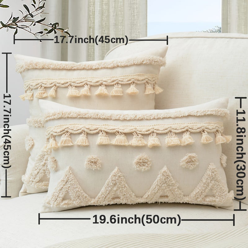 Lot de 2 taies d'oreiller décoratives touffetées, housses de coussin de canapé à pompons, taies d'oreiller taille blanc cassé, 30 x 50 cm (sans noyau) - 2