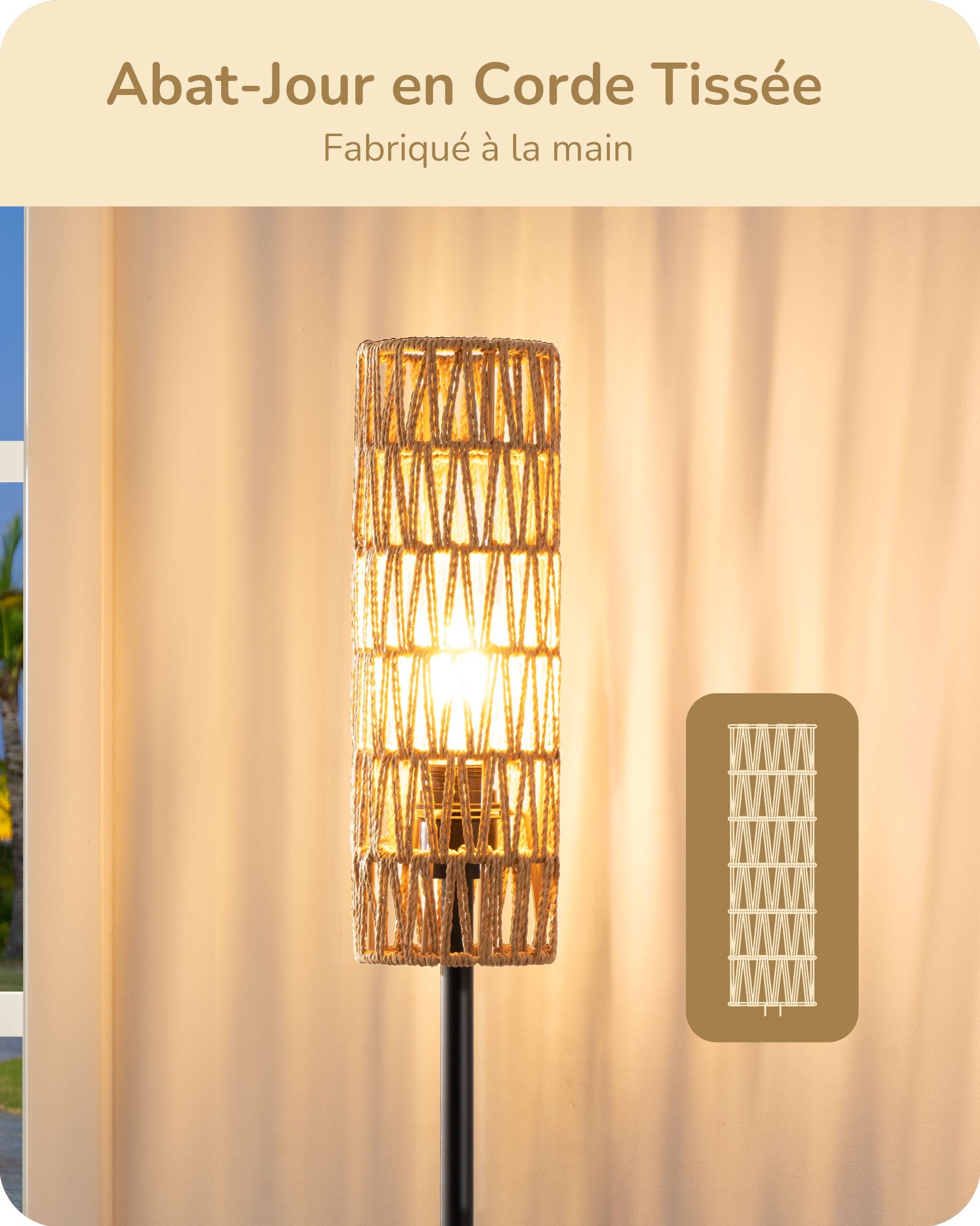 EDISHINE Lampadaire sur Pied Salon 165 cm, avec E27 Ampoule LED 2700K, Interrupteur à Pédale, Abat-jour en Corde Tissée - 3