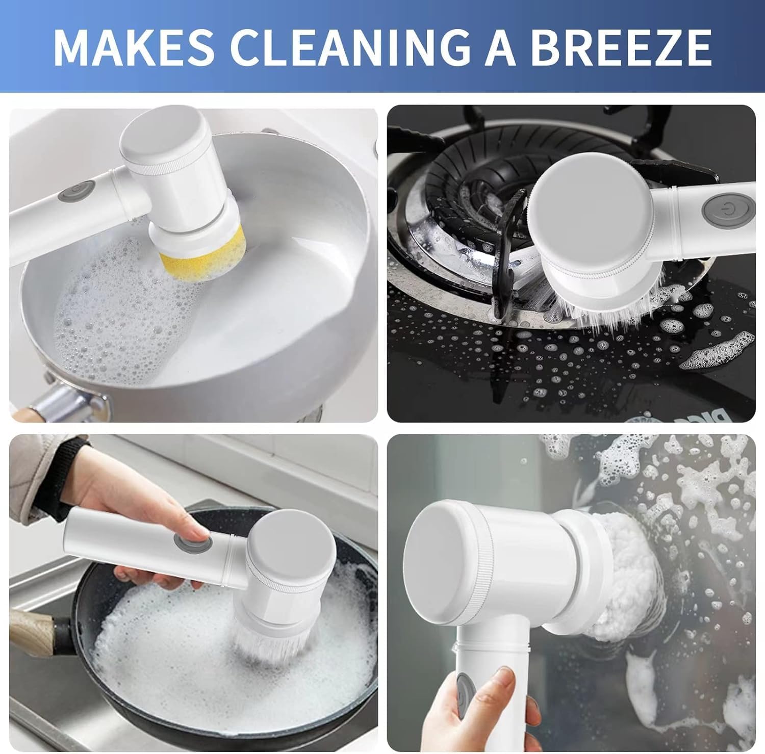 Brosse rotative électrique pour douches, salles de bains, lavabos et cuisines avec 5 têtes de brosse de nettoyage électriques, blanche. - 9