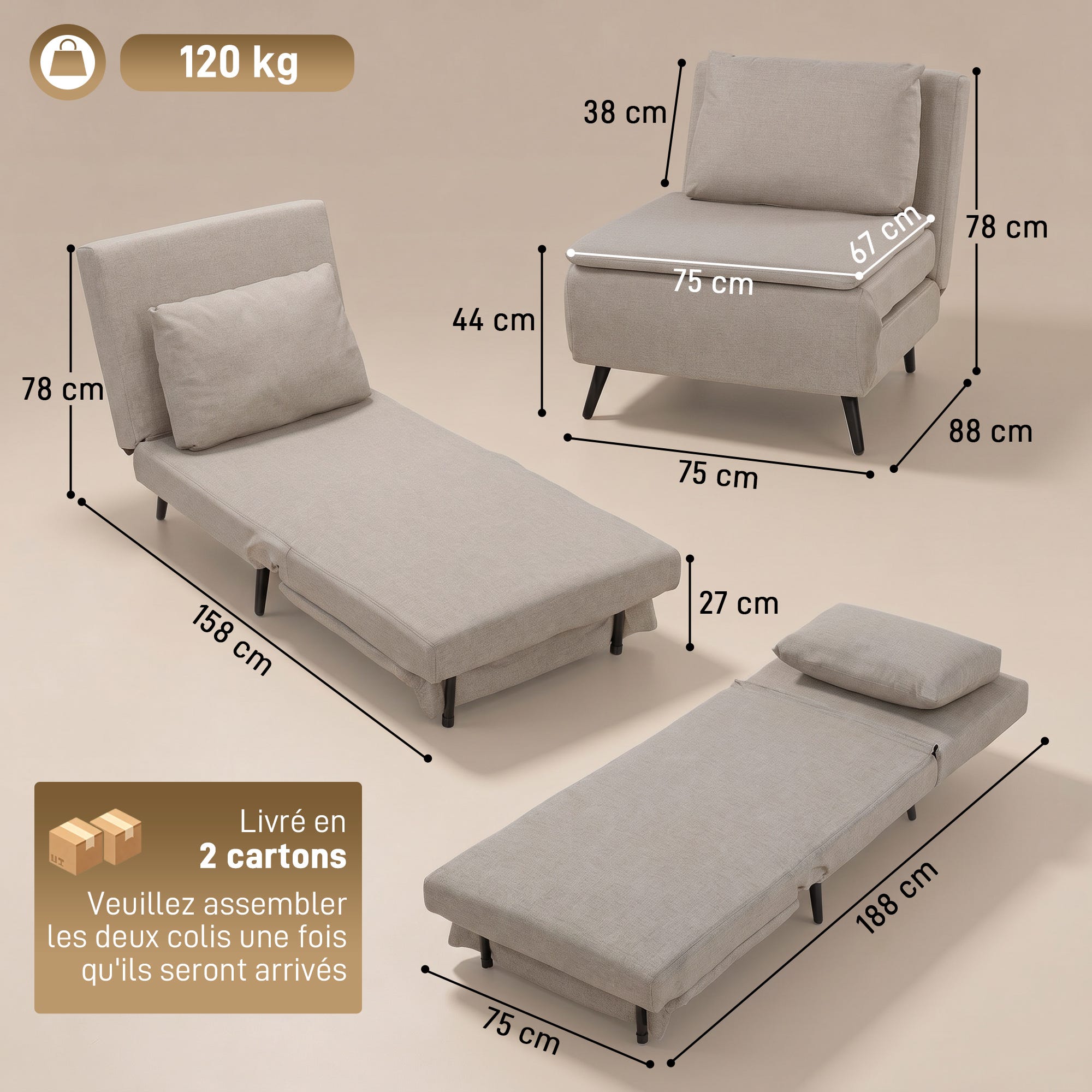 Click Cloack Poltrona trasformabile, 1 posto, poltrona-letto 3 in 1 click-clack con ...