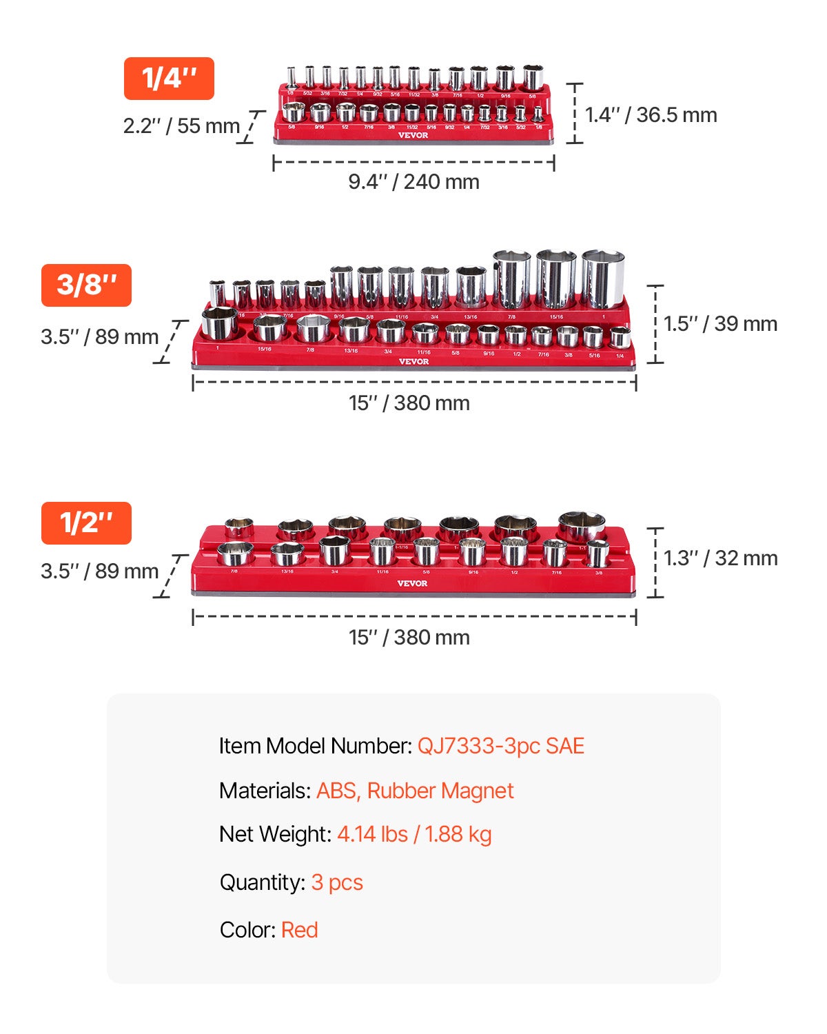 Kit Organisateurs Douilles Magnétiques VEVOR 3 pcs,Plateaux SAE 1/4'',3/8'',1/2'',Étiquettes Transparentes,Capacité 68 Douilles,Rouge - 7