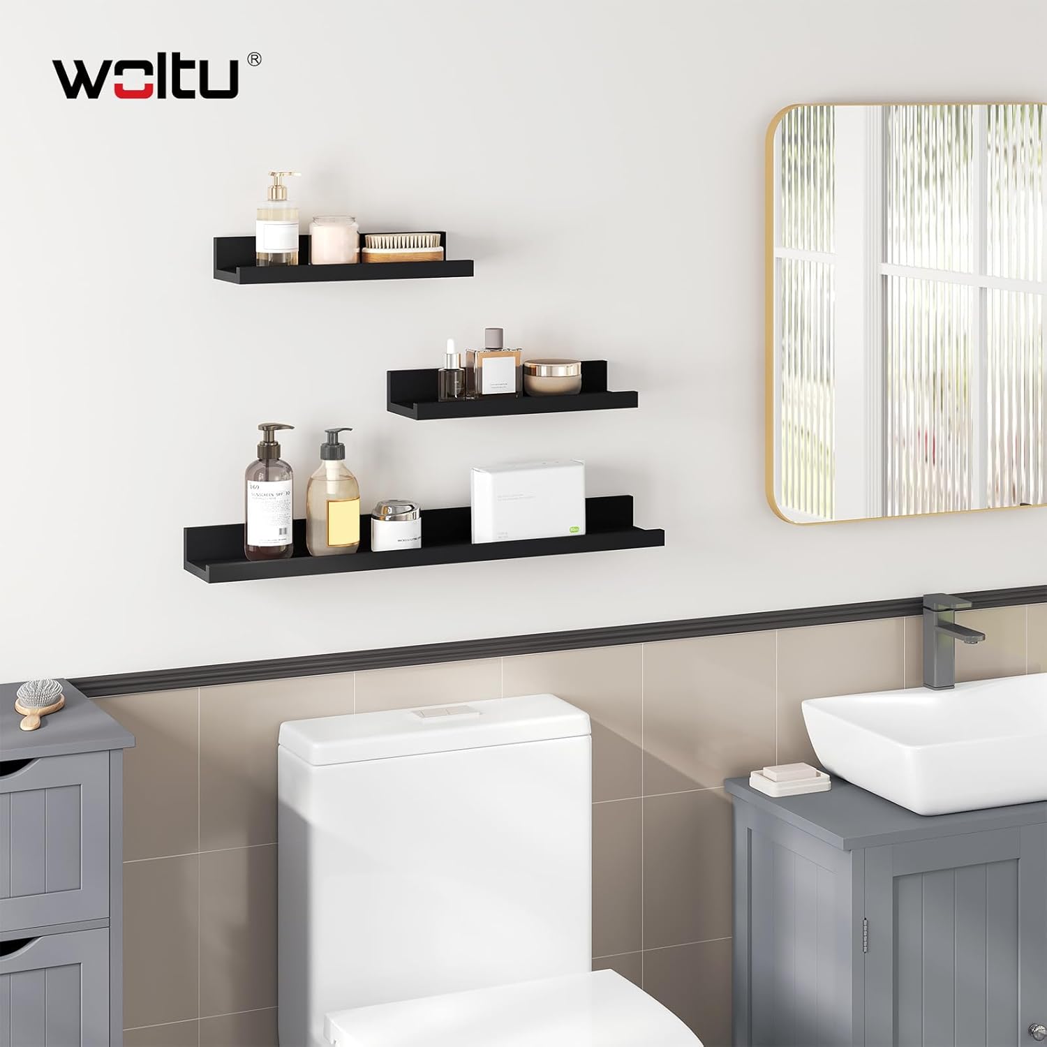Lot de 3 Étagère Murale WOLTU, Décoration Murale pour Cadre Photo, avec Rebord, Noir, 60cm - 3