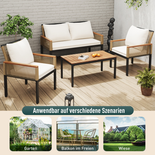 Salon de Jardin en Rotin avec Canapé Double, 2 Fauteuils et Table, Coussin Confortable pour Terrasse - 6