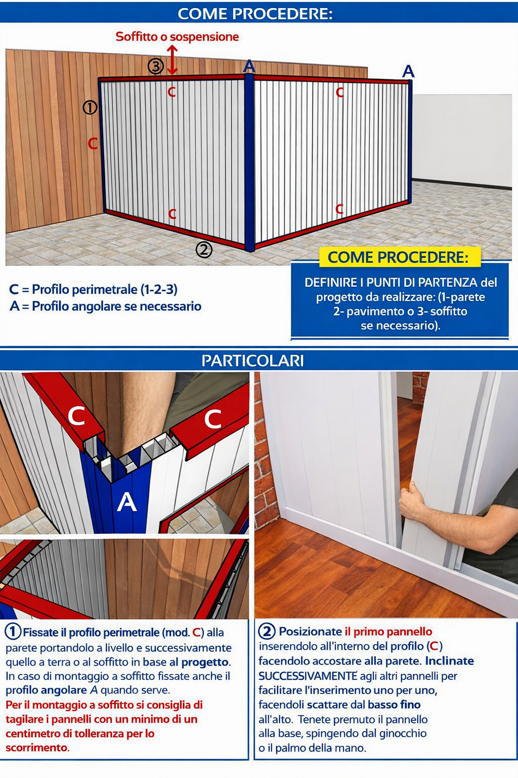 Pannelli divisori in PVC (mt 1 x 2,2 H) disponibili in H 220/300. Prezzo pannelli €75/m² N.B: Per gli accessori di complemento vai a Caratteristiche - 5